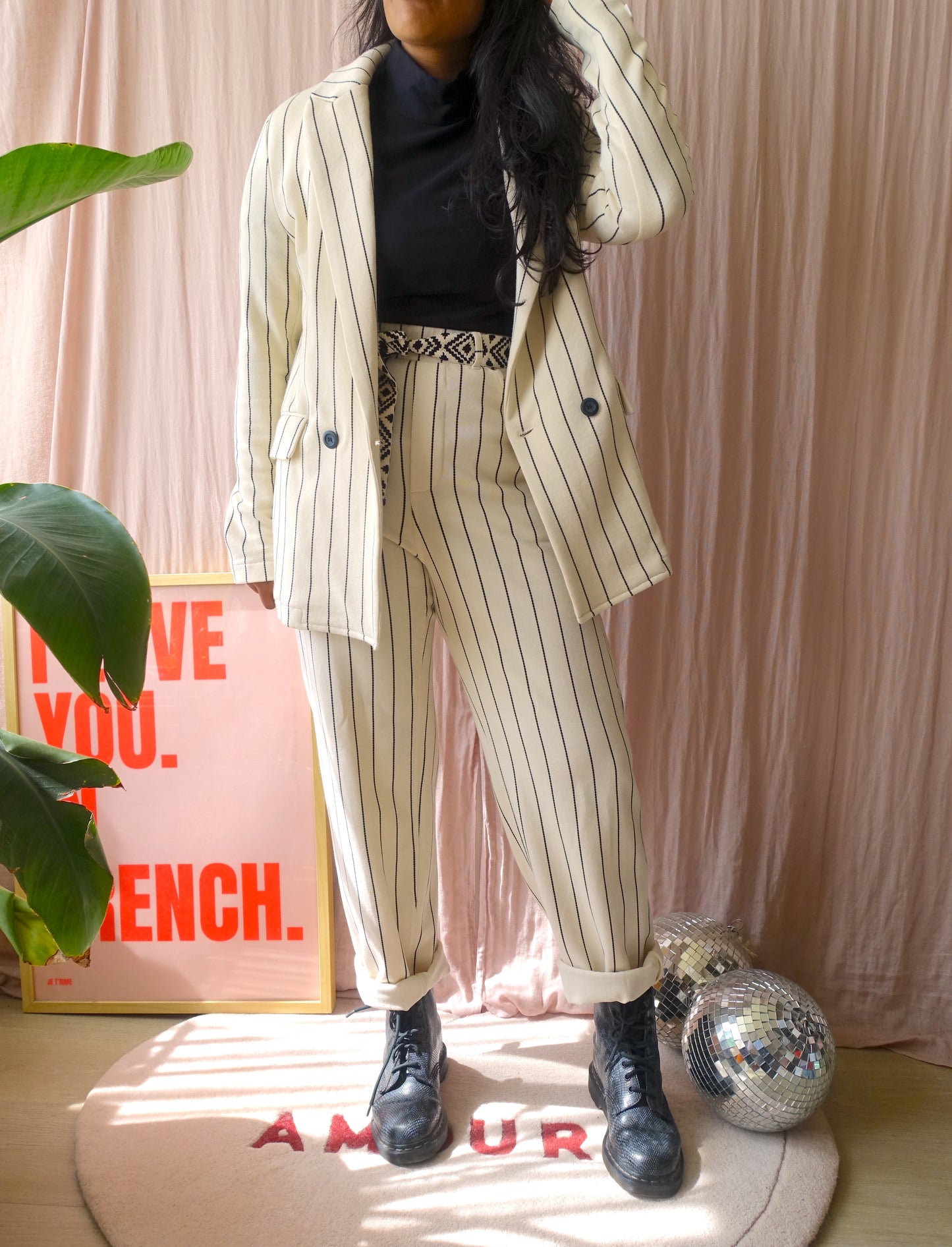 10DAYS pinstripe jersey stretch blazer creme