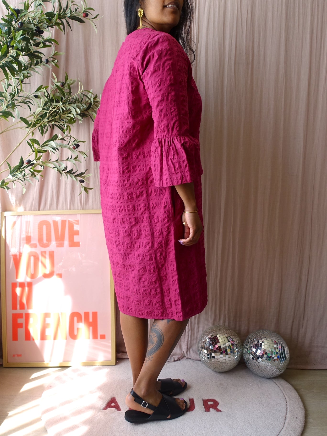 Antonelli Firenze seersucker midi jurk magenta