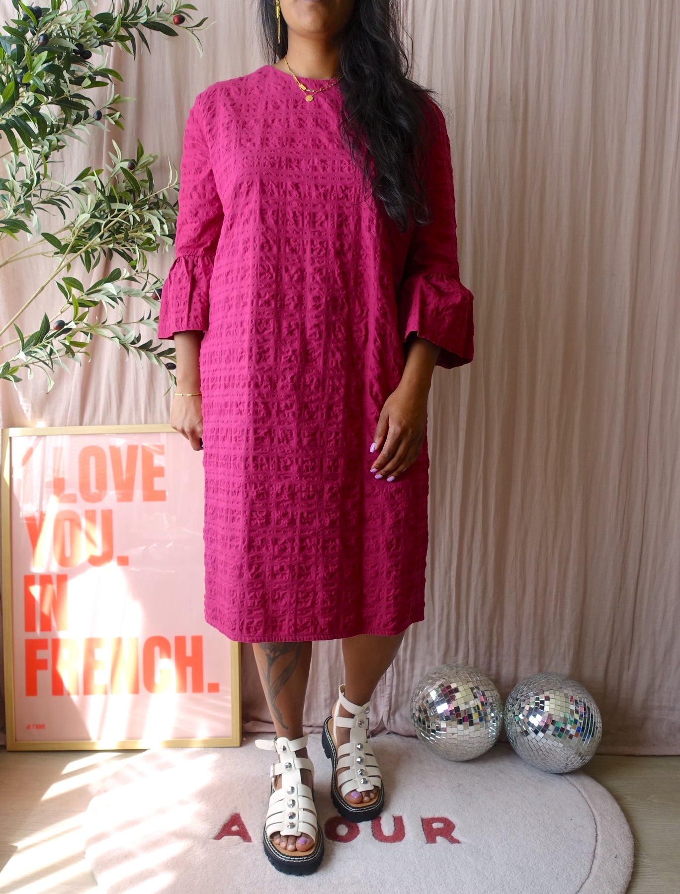Antonelli Firenze seersucker midi jurk magenta