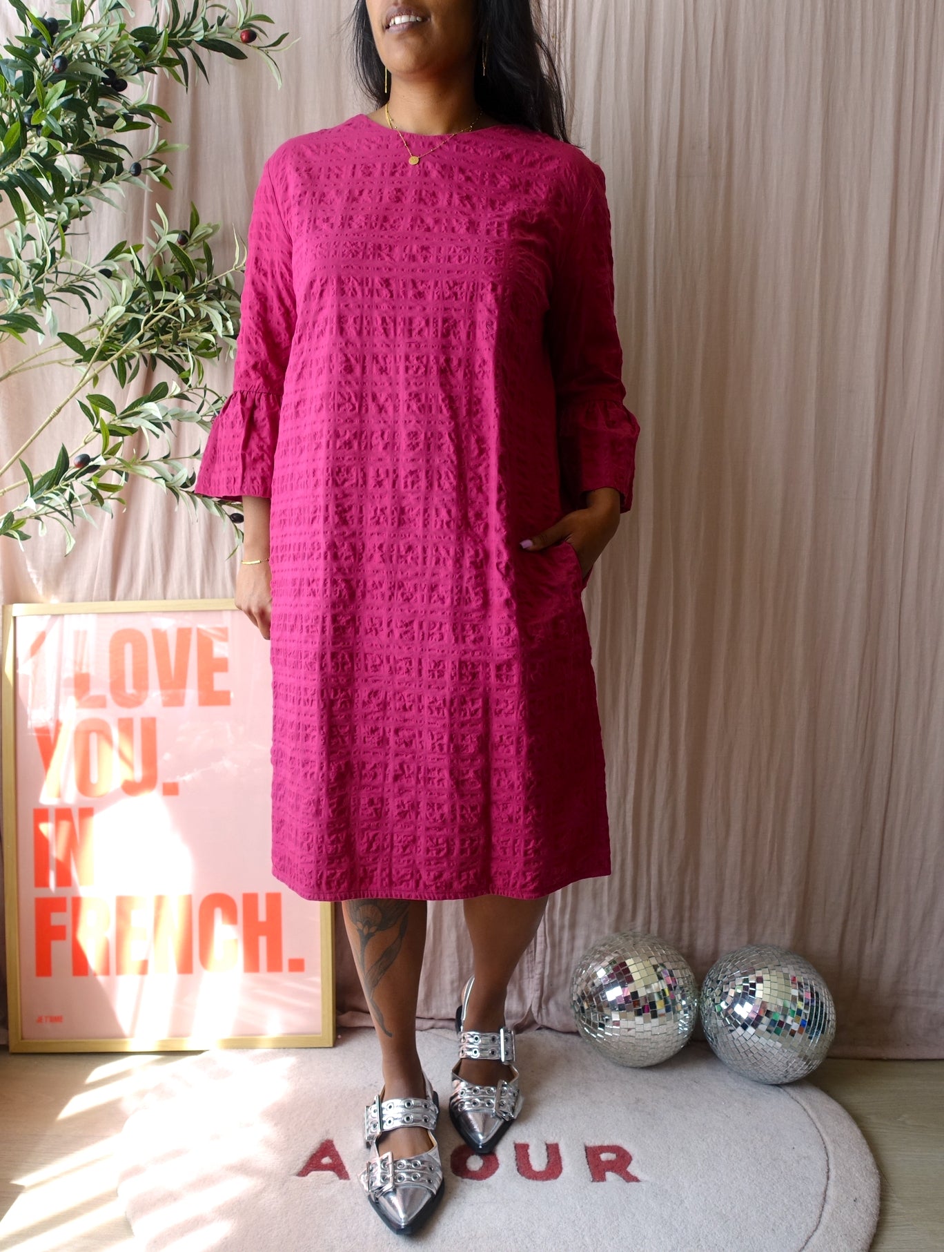 Antonelli Firenze seersucker midi jurk magenta