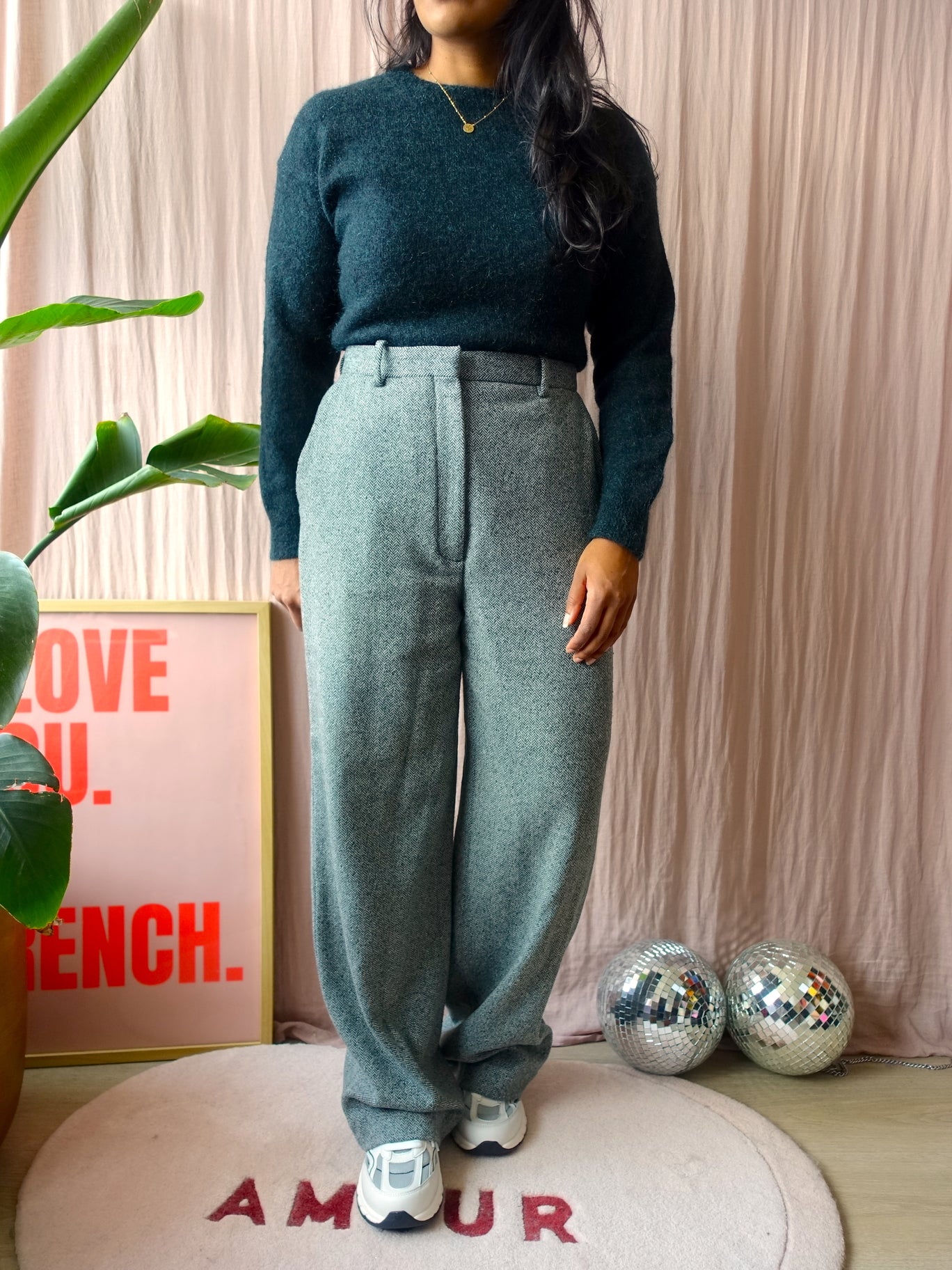 & Other Stories wide leg wool pants dark green