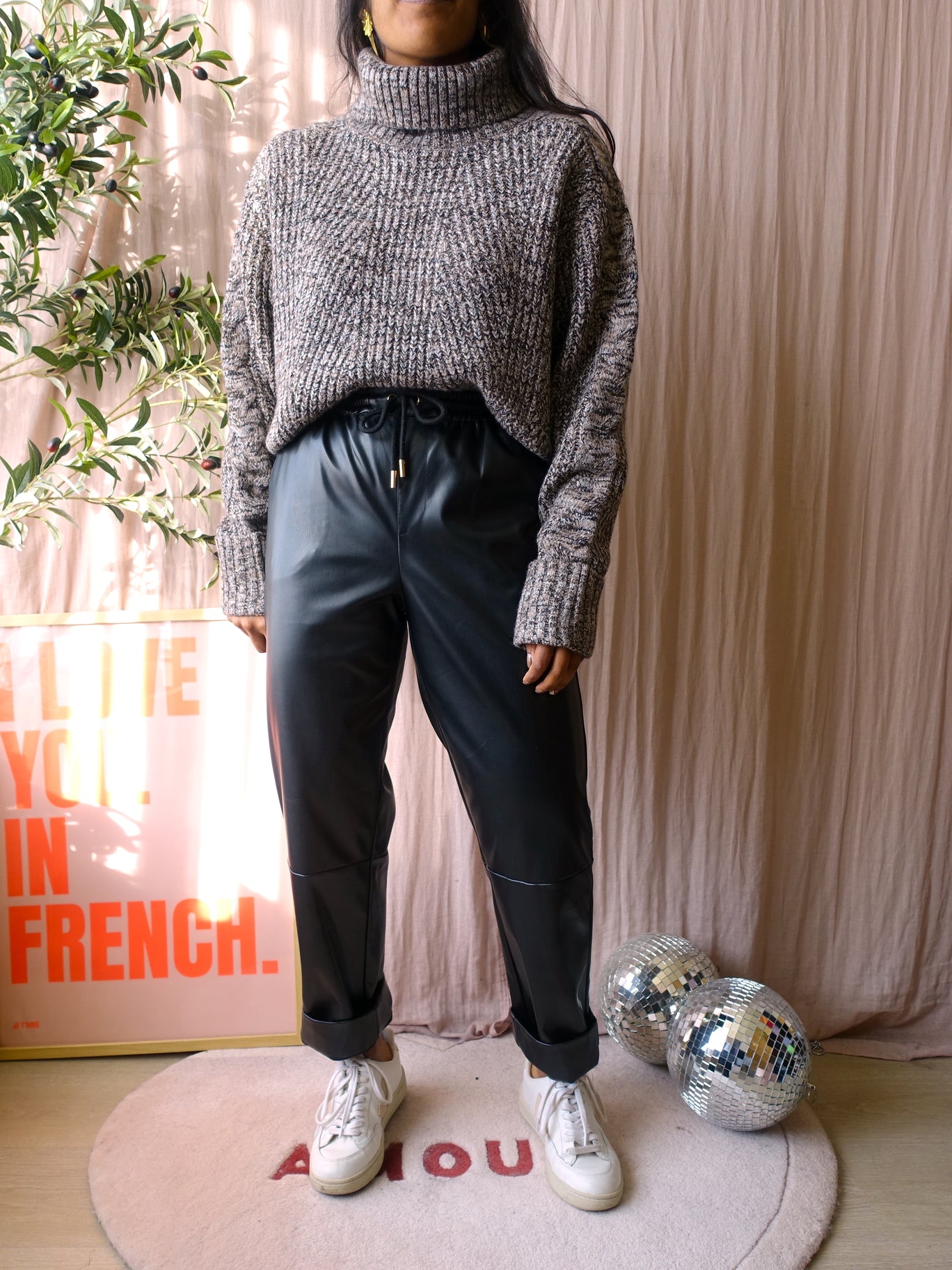 Co'couture row boxy fit col knit greige