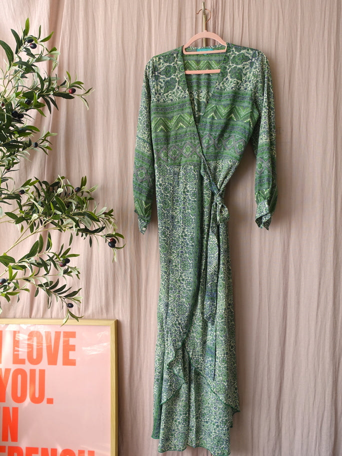 Silkblend Indian bohemian wrap over jurk groen