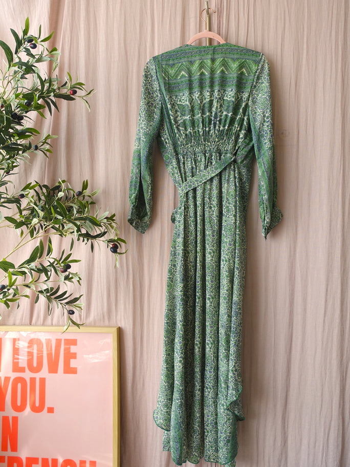 Silkblend Indian bohemian wrap over jurk groen