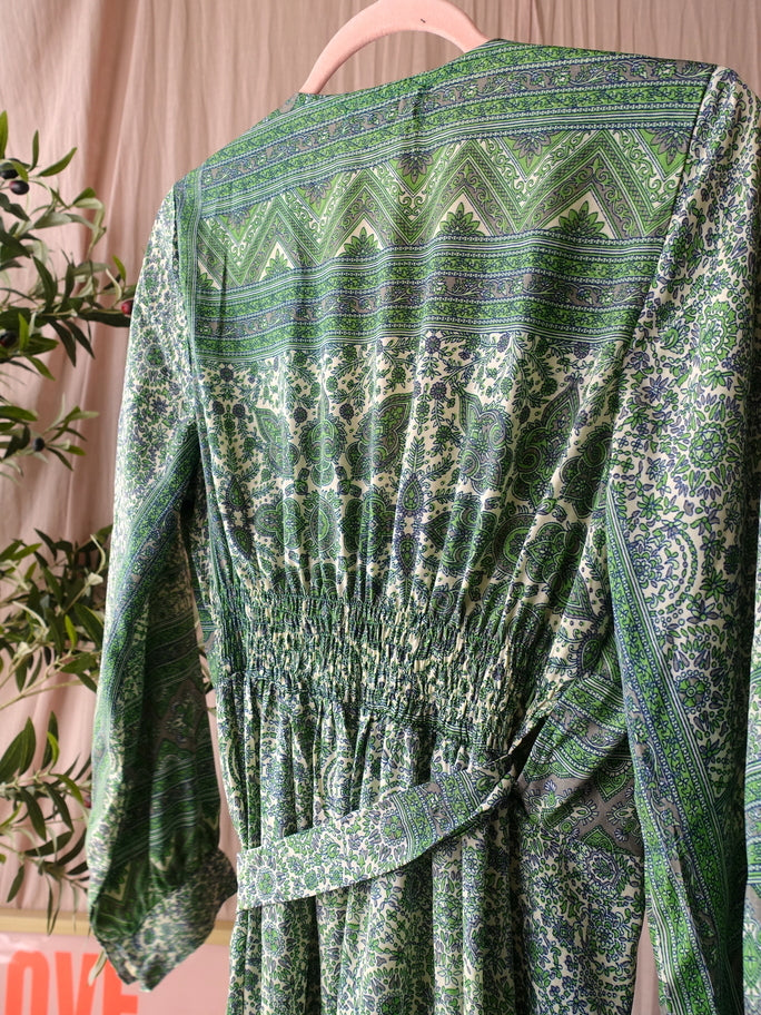 Silkblend Indian bohemian wrap over jurk groen