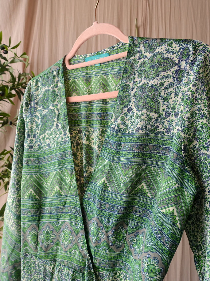 Silkblend Indian bohemian wrap over jurk groen