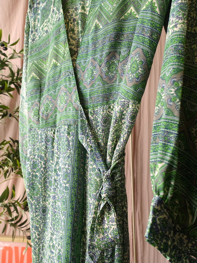 Silkblend Indian bohemian wrap over jurk groen