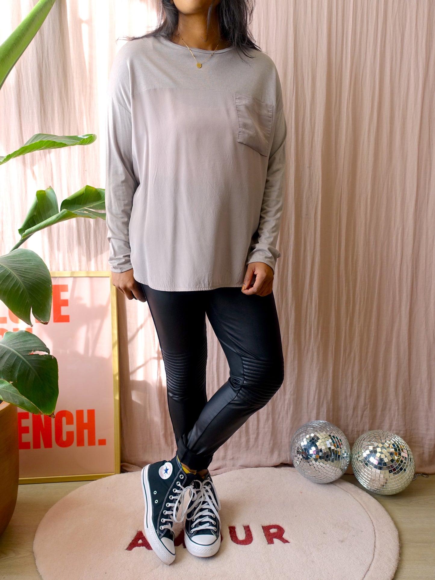 Drykorn silk blend top metal grey