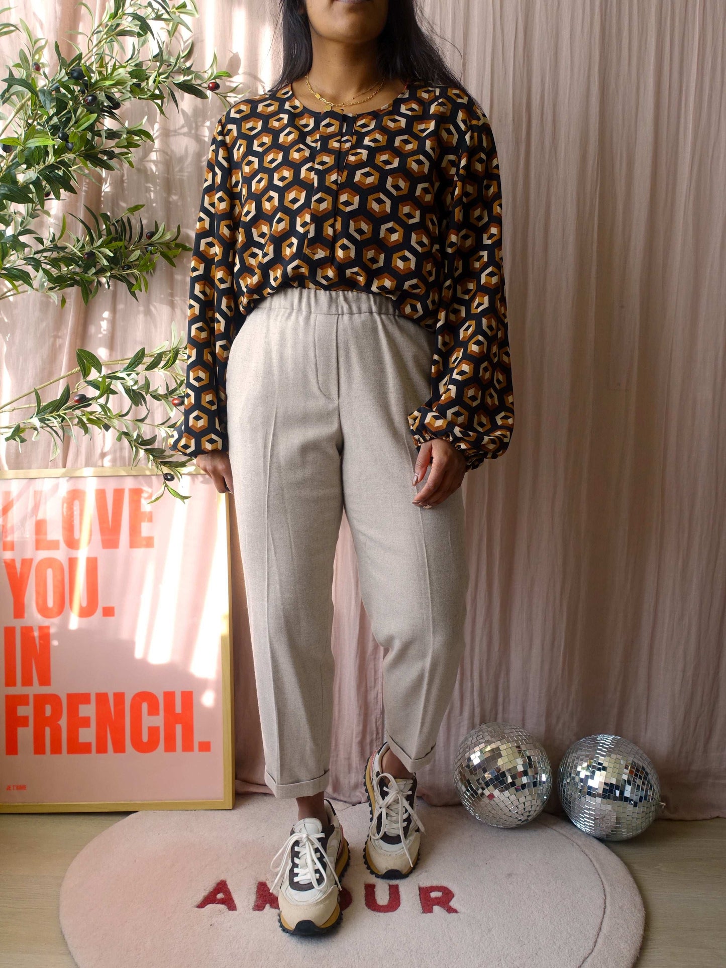 Elena Mirò graphic print top cognac / zwart