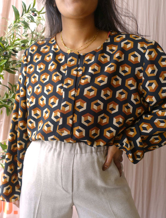 Elena Mirò graphic print top cognac / zwart