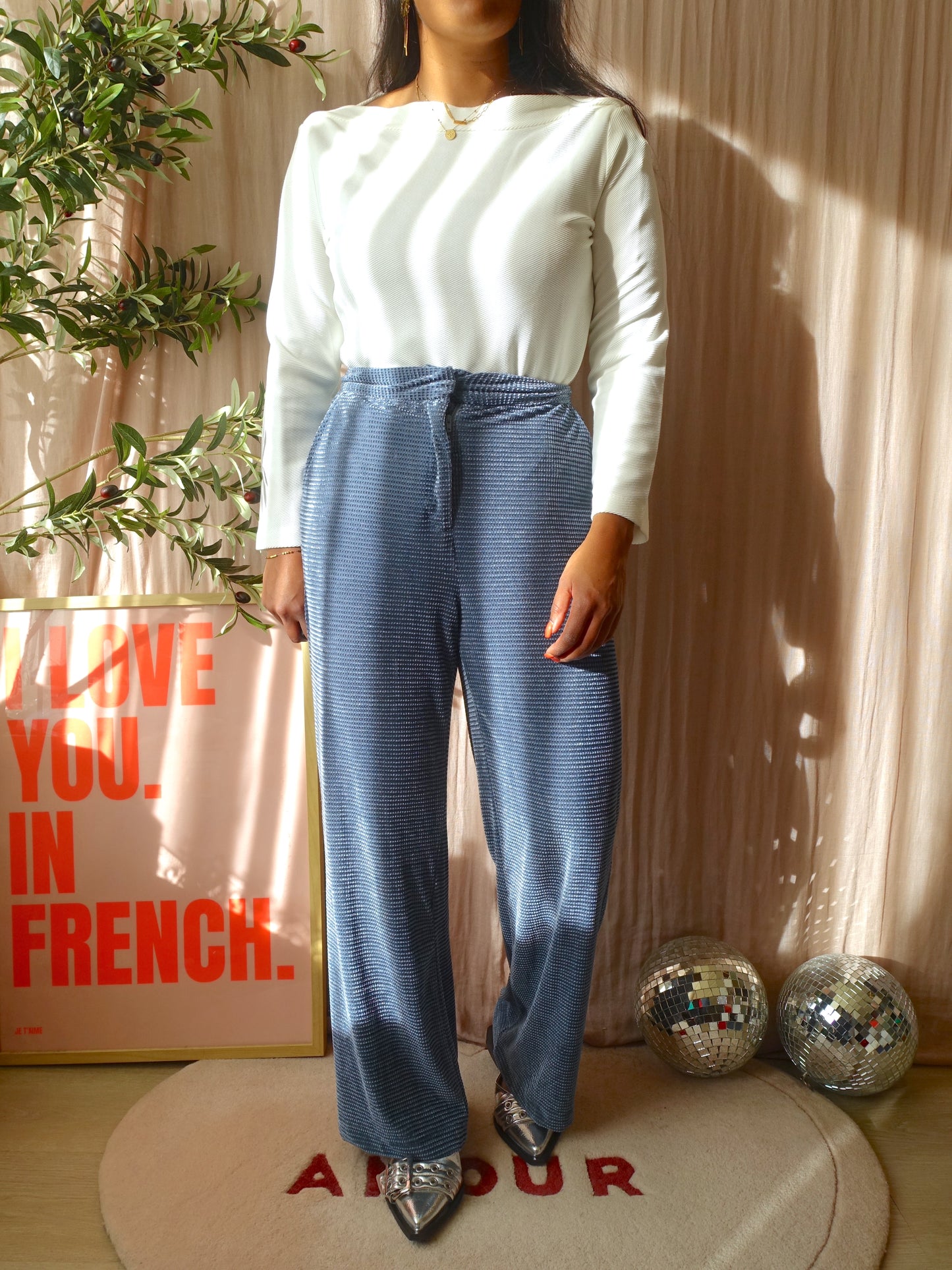 FRNCH velvet rib wide leg old blue