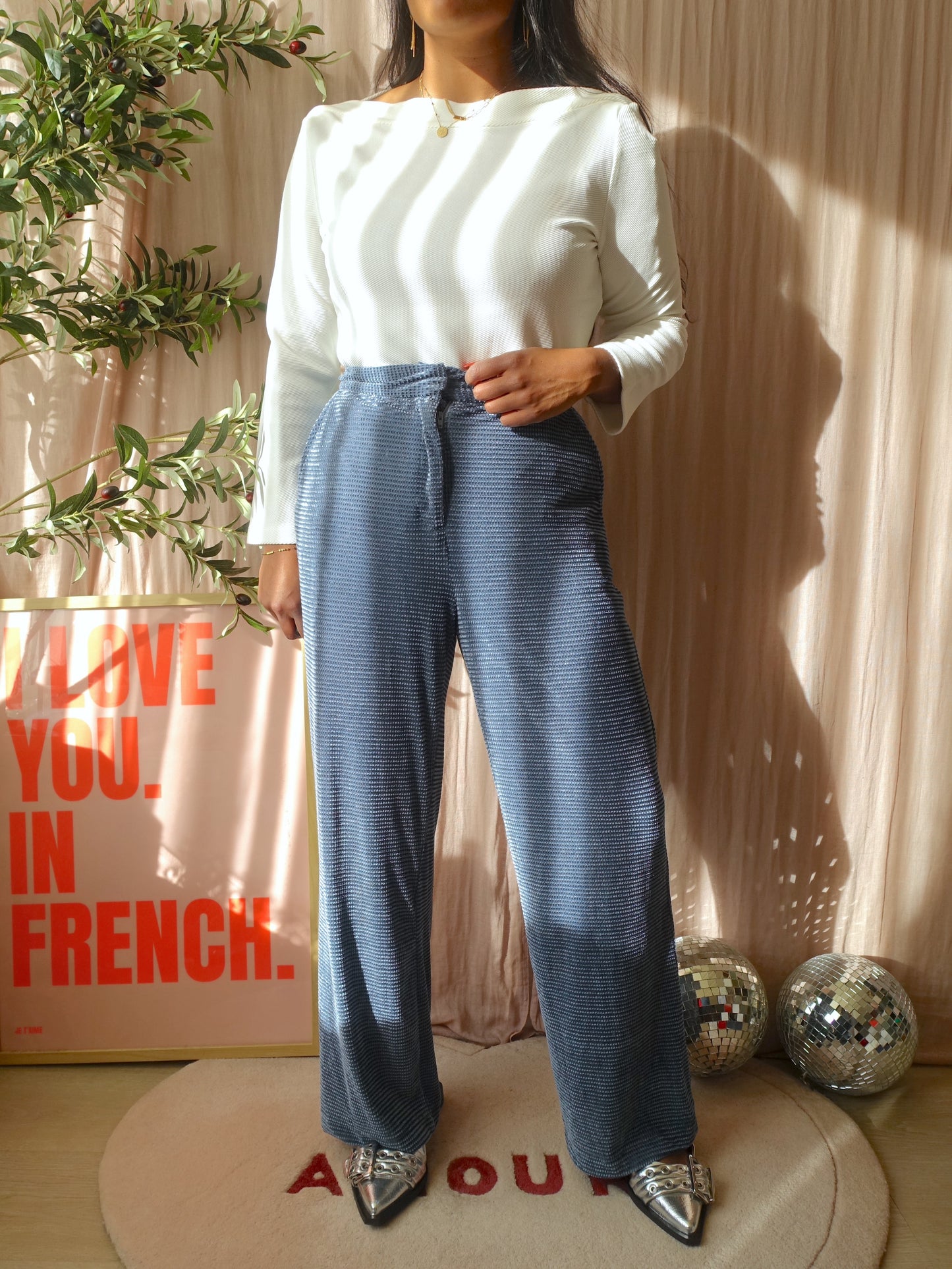 FRNCH velvet rib wide leg old blue