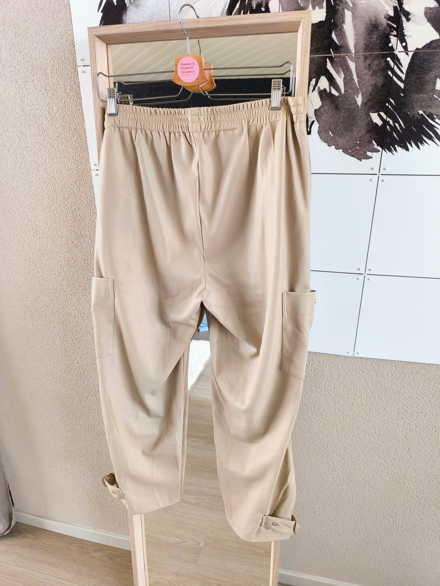 Ulla Popken vegan leather cropped cargo pants sand
