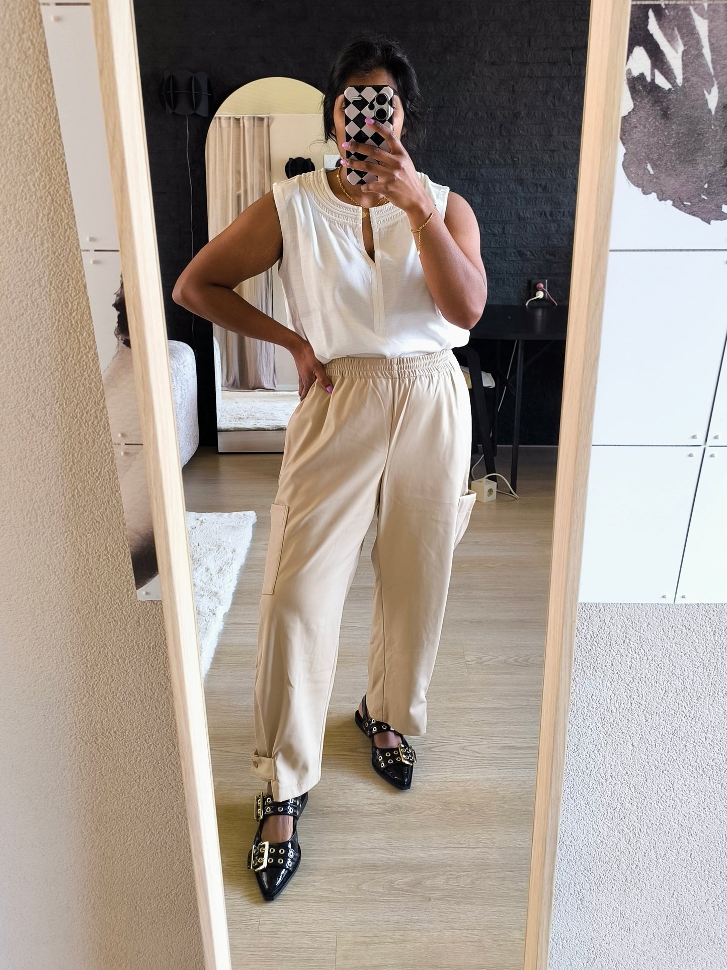 Ulla Popken vegan leather cropped cargo pants sand
