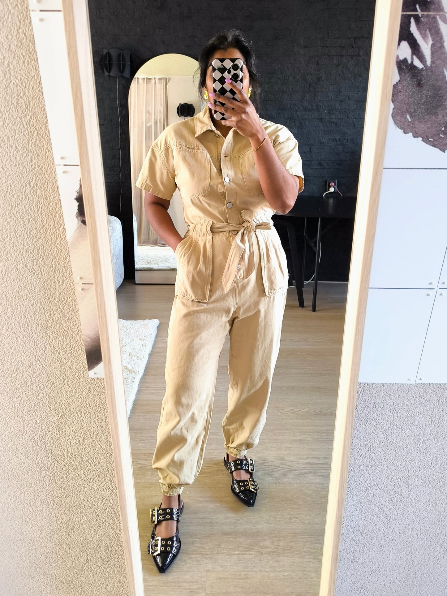 Denim boiler jumpsuit beige