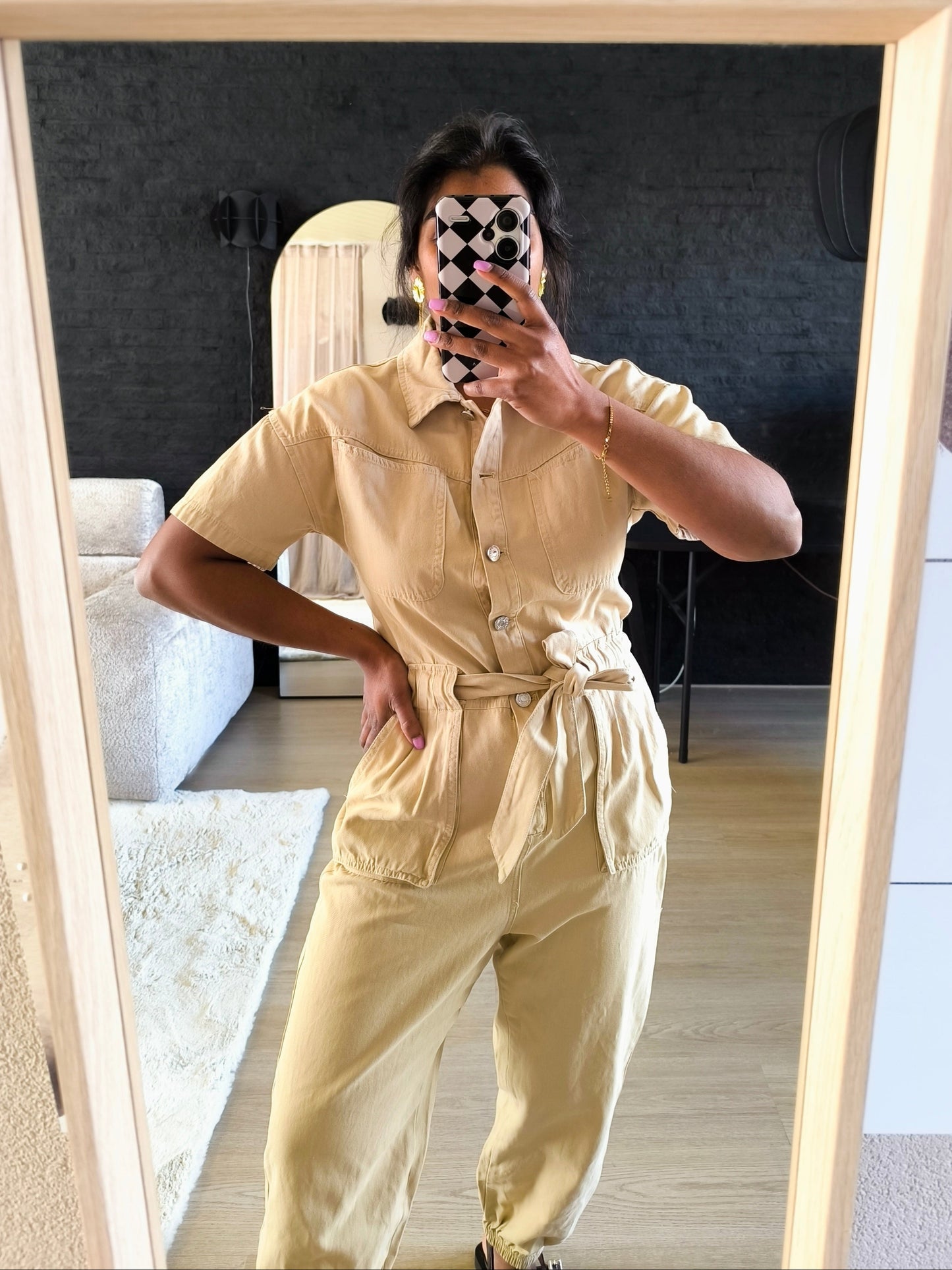 Denim boiler jumpsuit beige