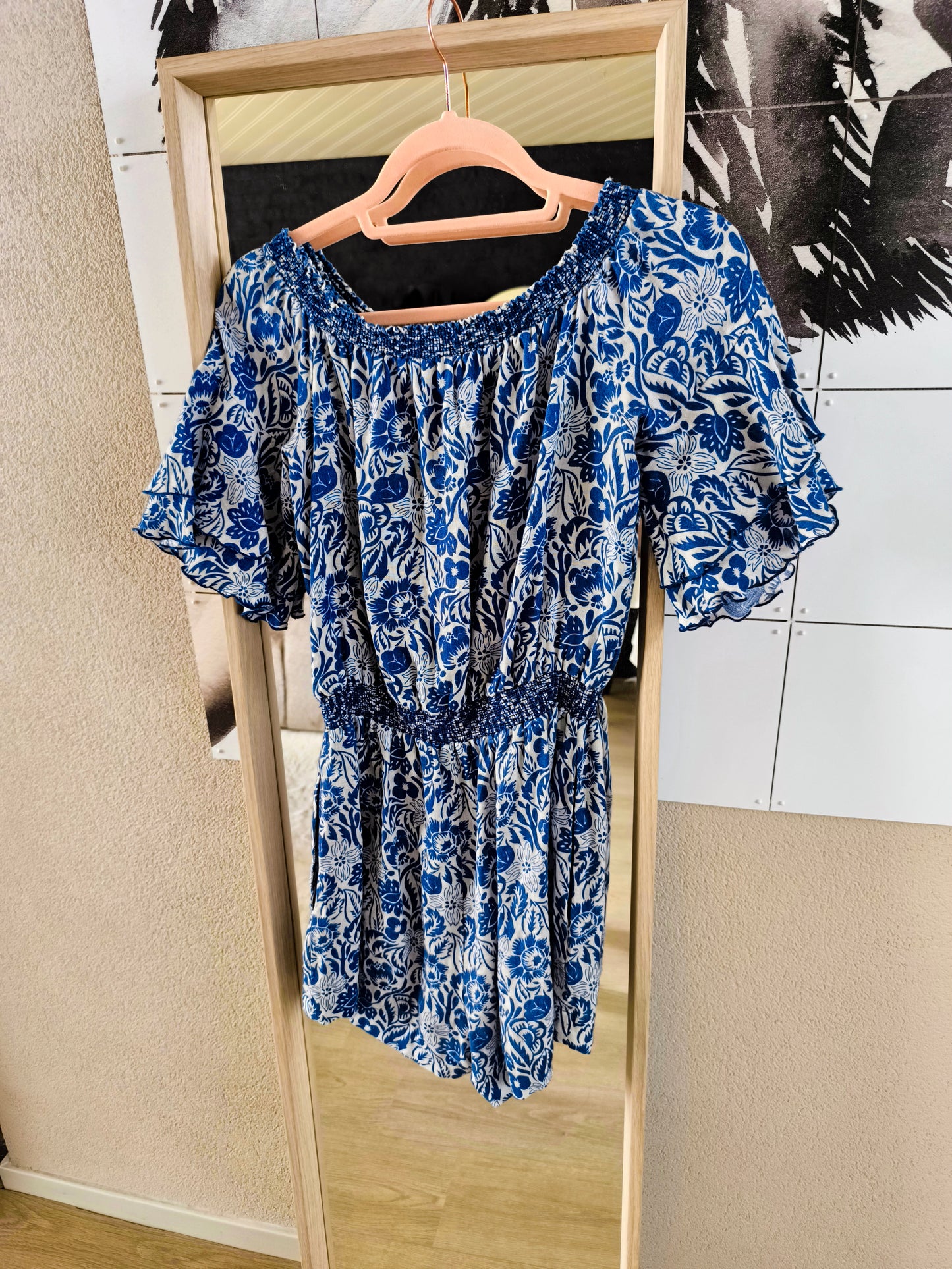 Pepe Jeans linnen playsuit offshoulder kobalt / wit