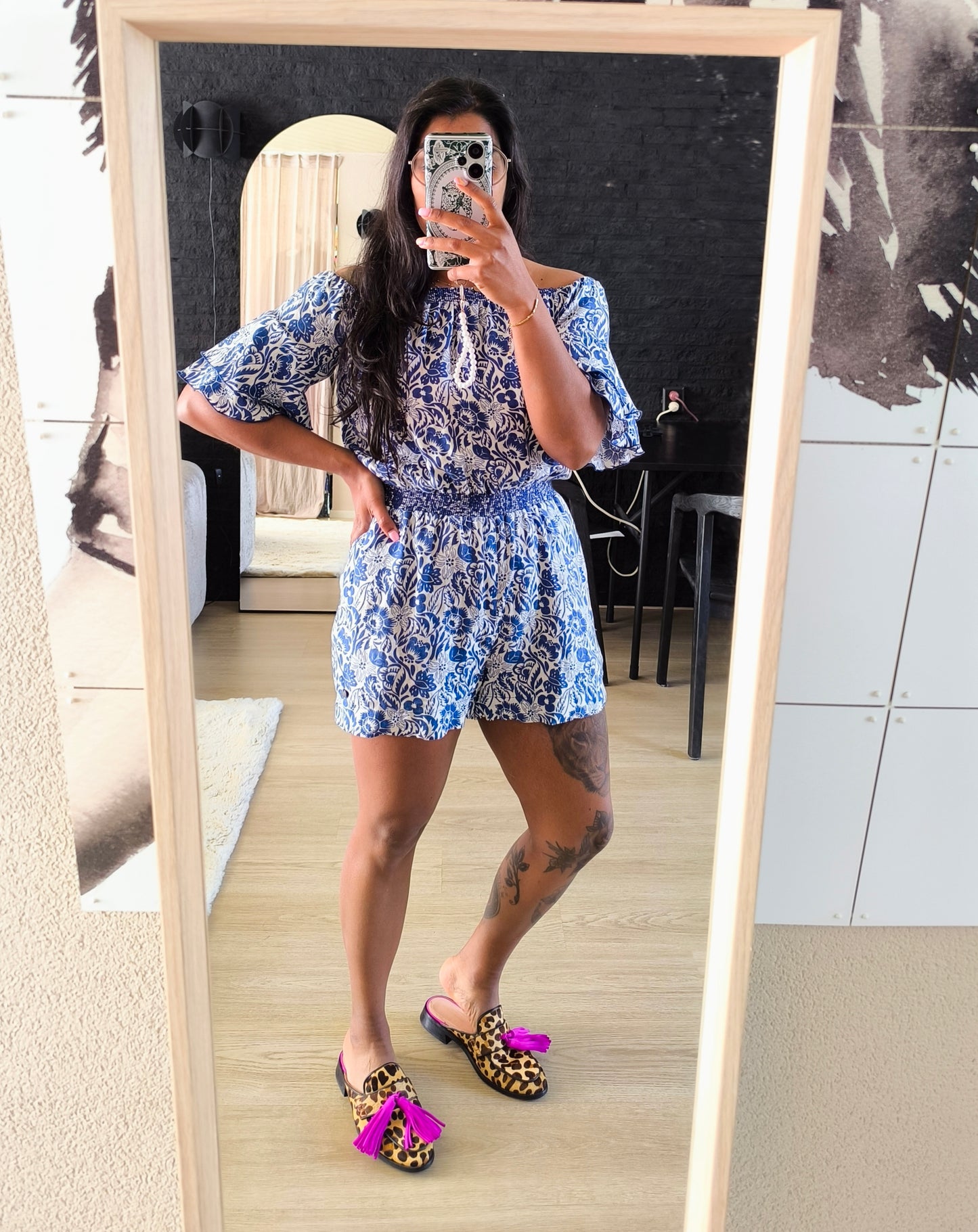 Pepe Jeans linnen playsuit offshoulder kobalt / wit