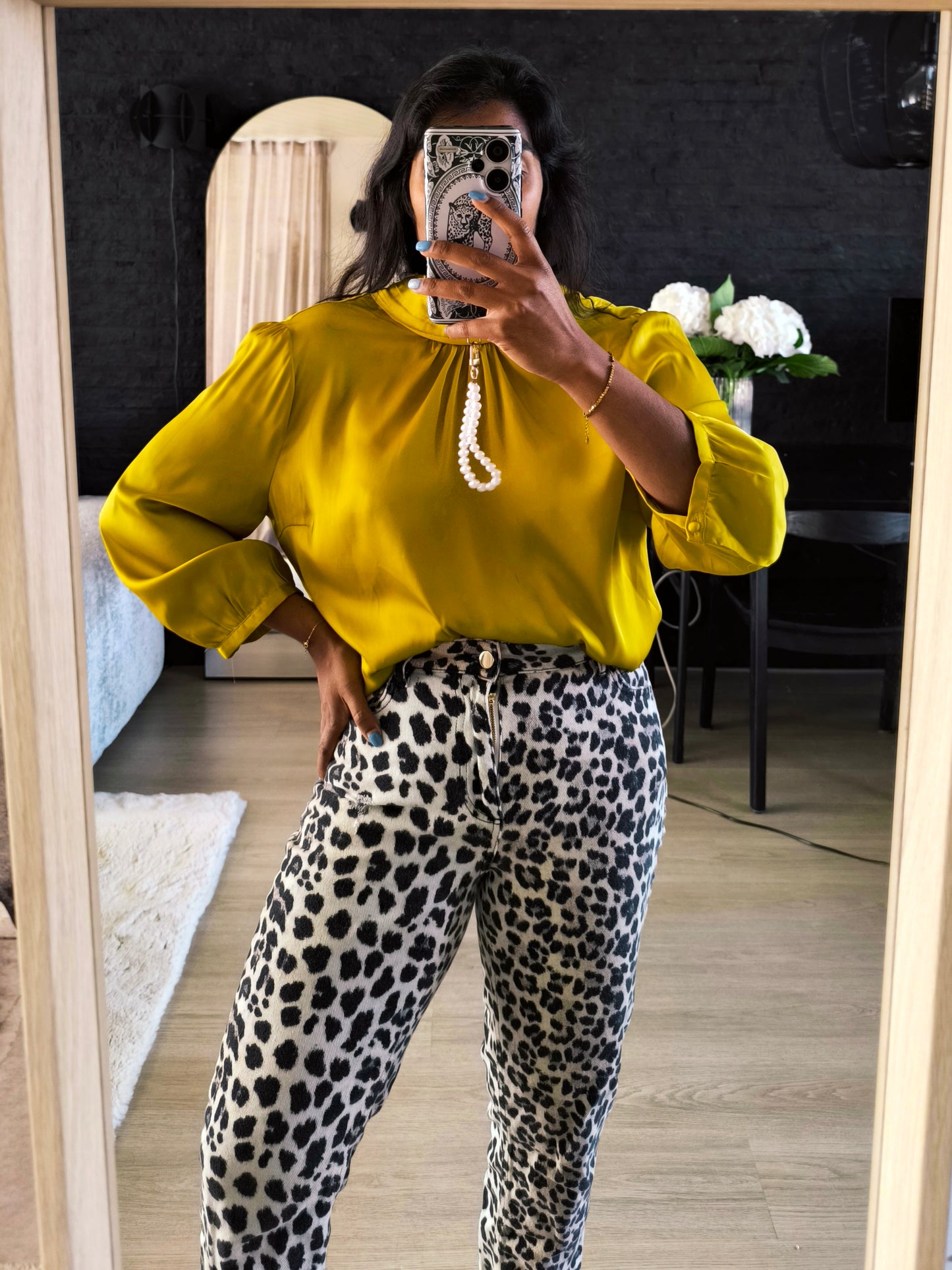 Tramontana satin collar top golden ochre