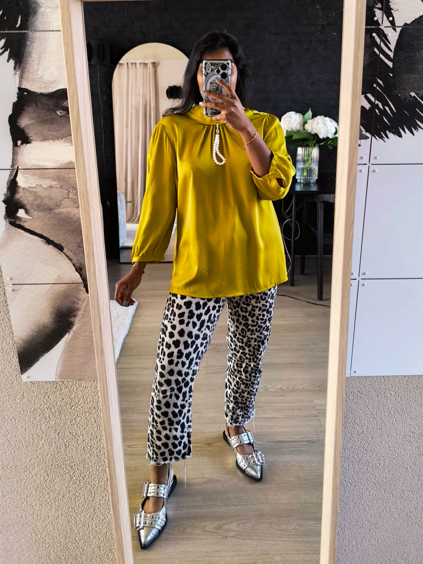 Tramontana satin collar top golden ochre