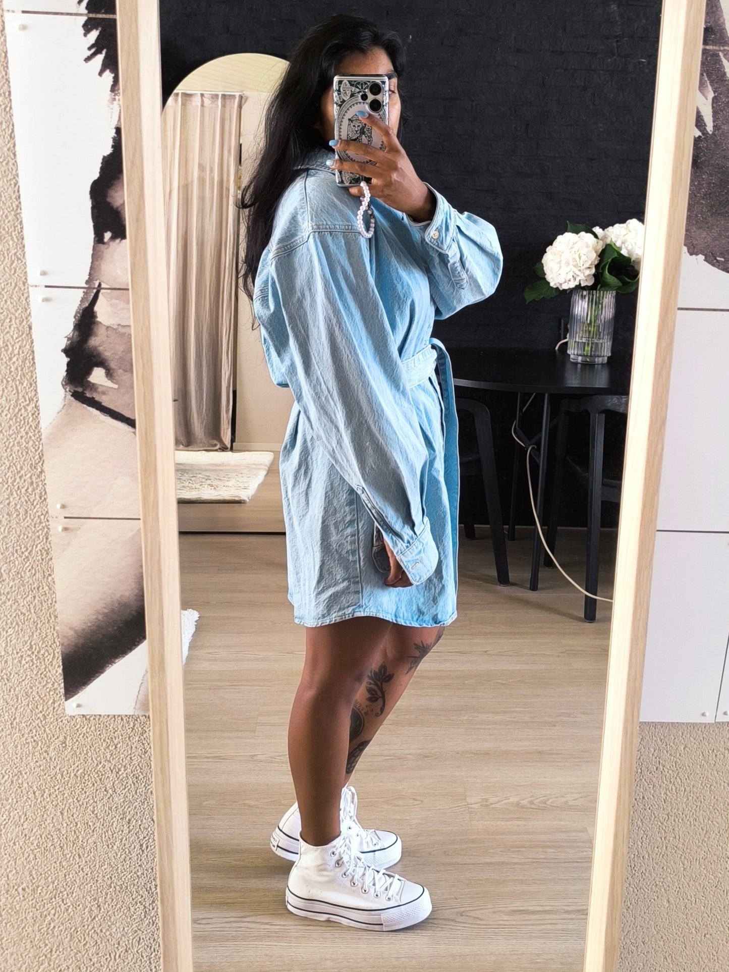 Rigid denim jurk met ceintuur light indigo