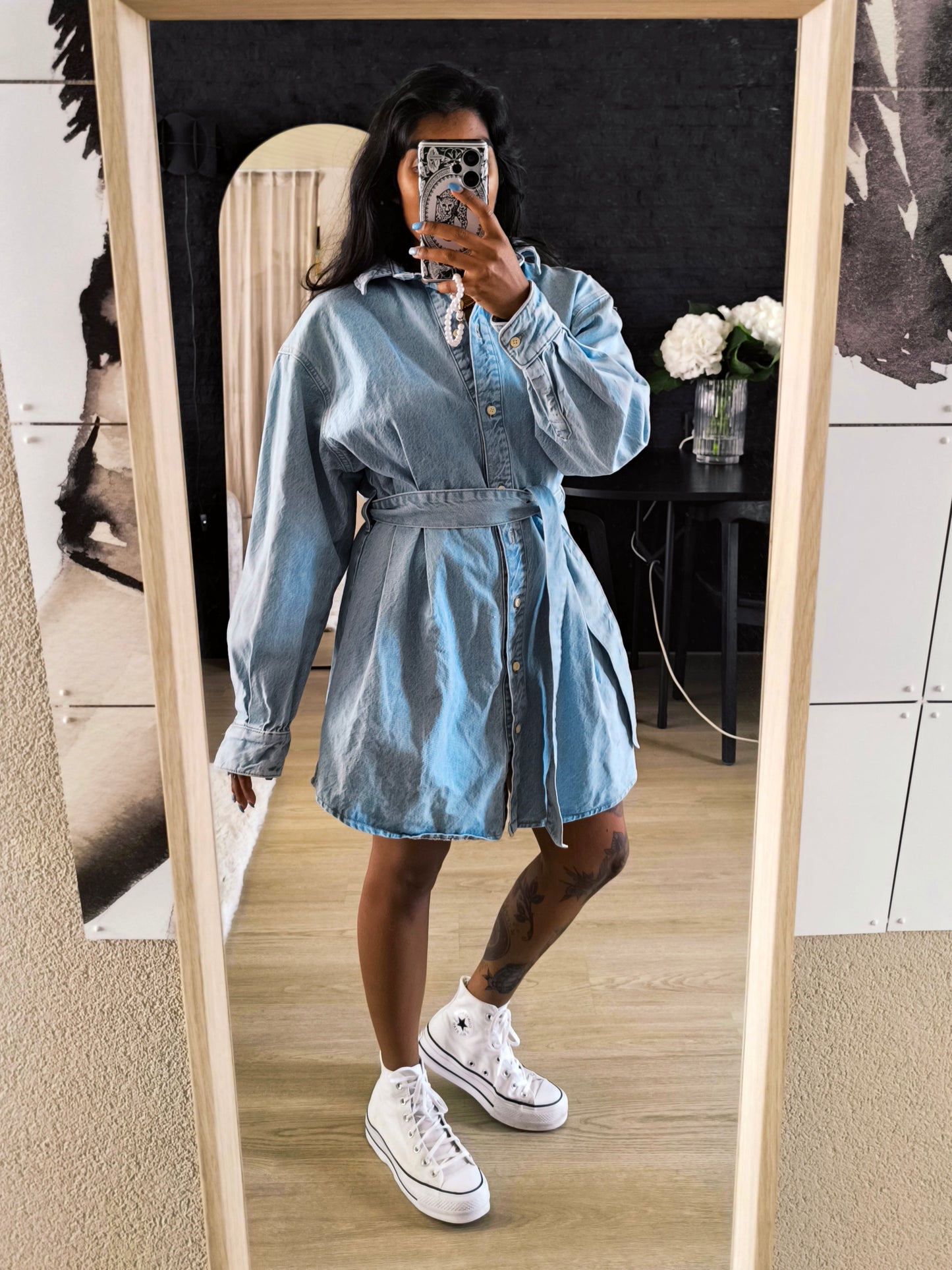 Rigid denim jurk met ceintuur light indigo