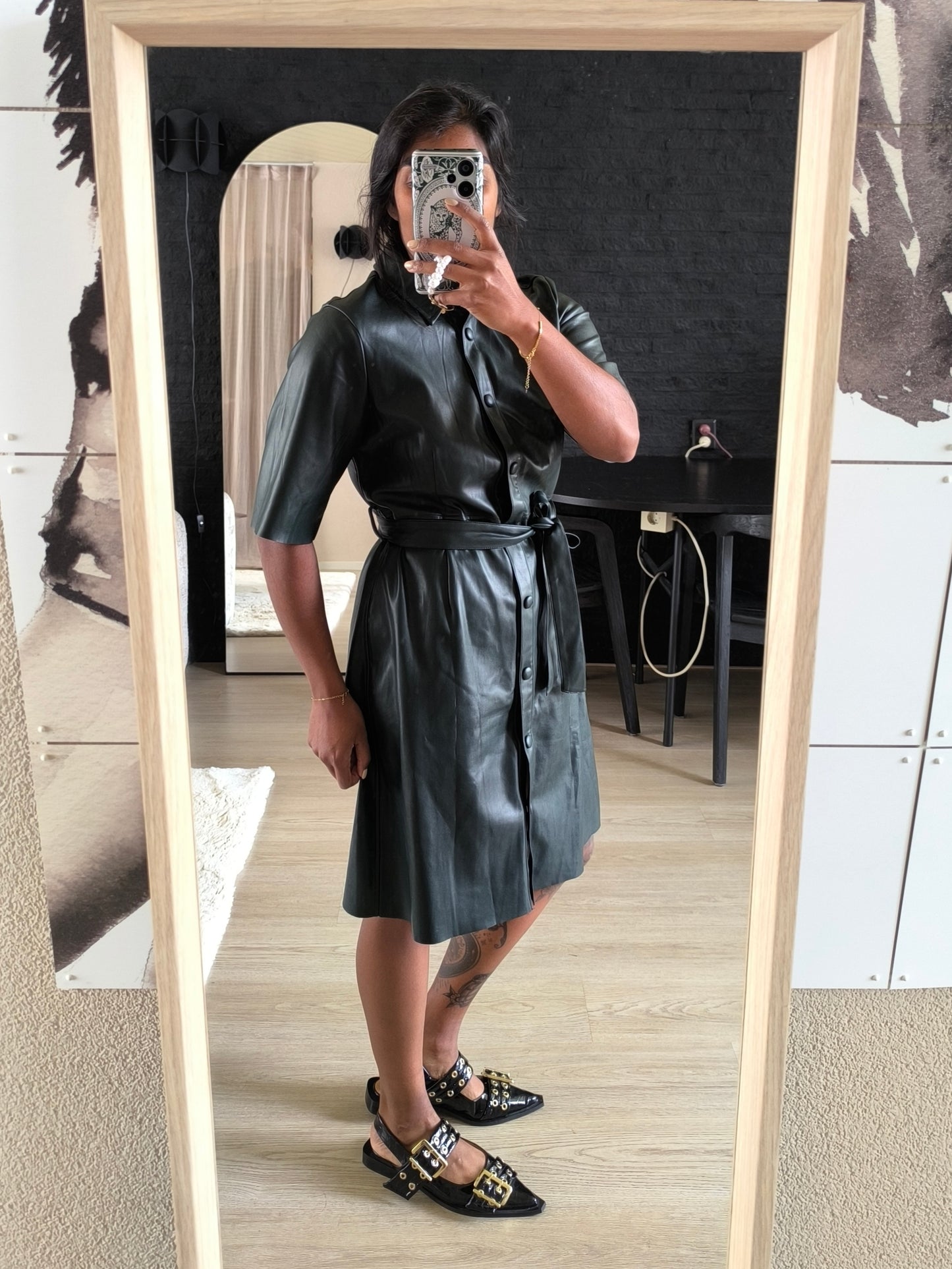 Modström vegan leather fit & flare jurk bottle green