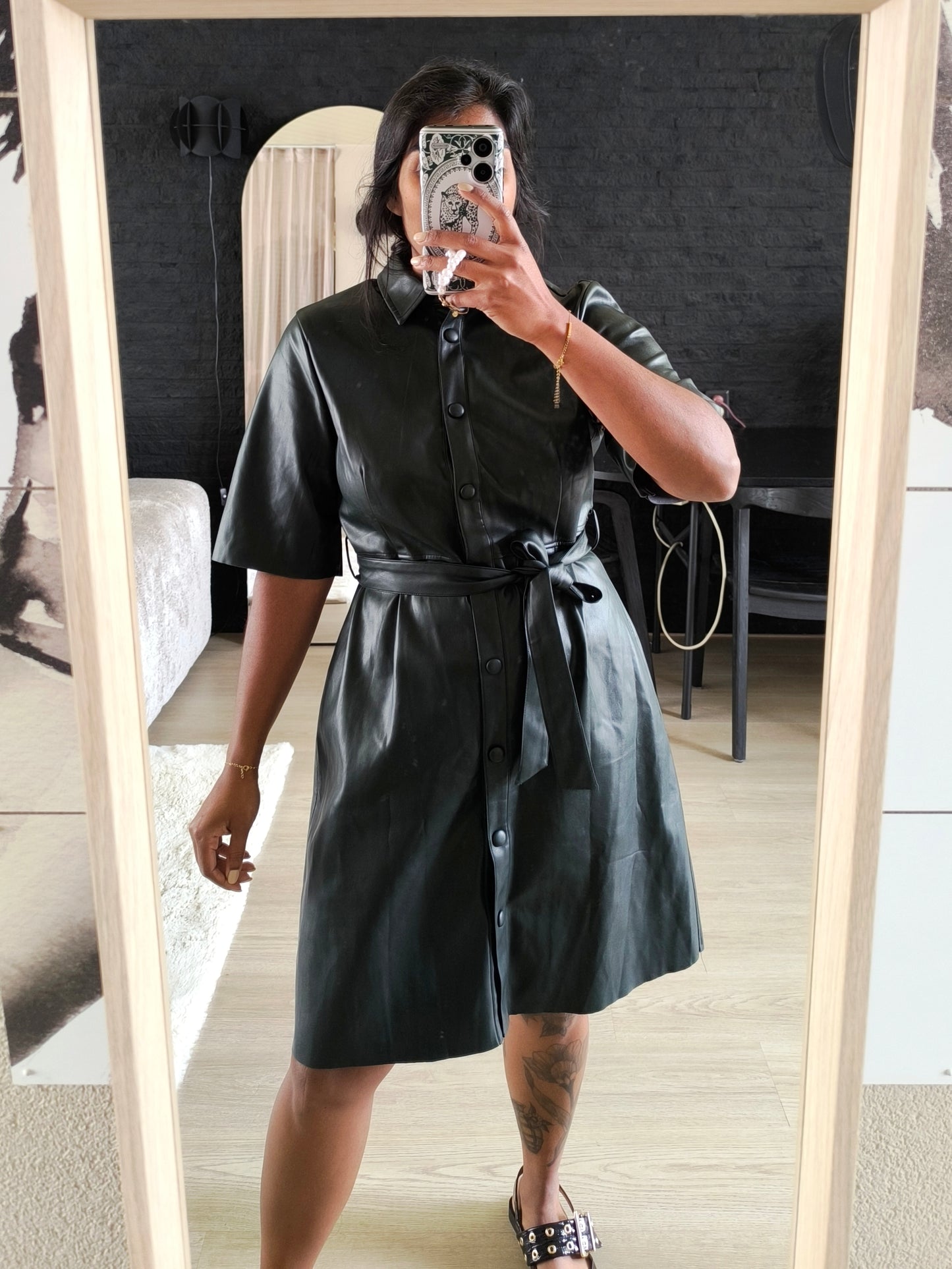 Modström vegan leather fit & flare jurk bottle green