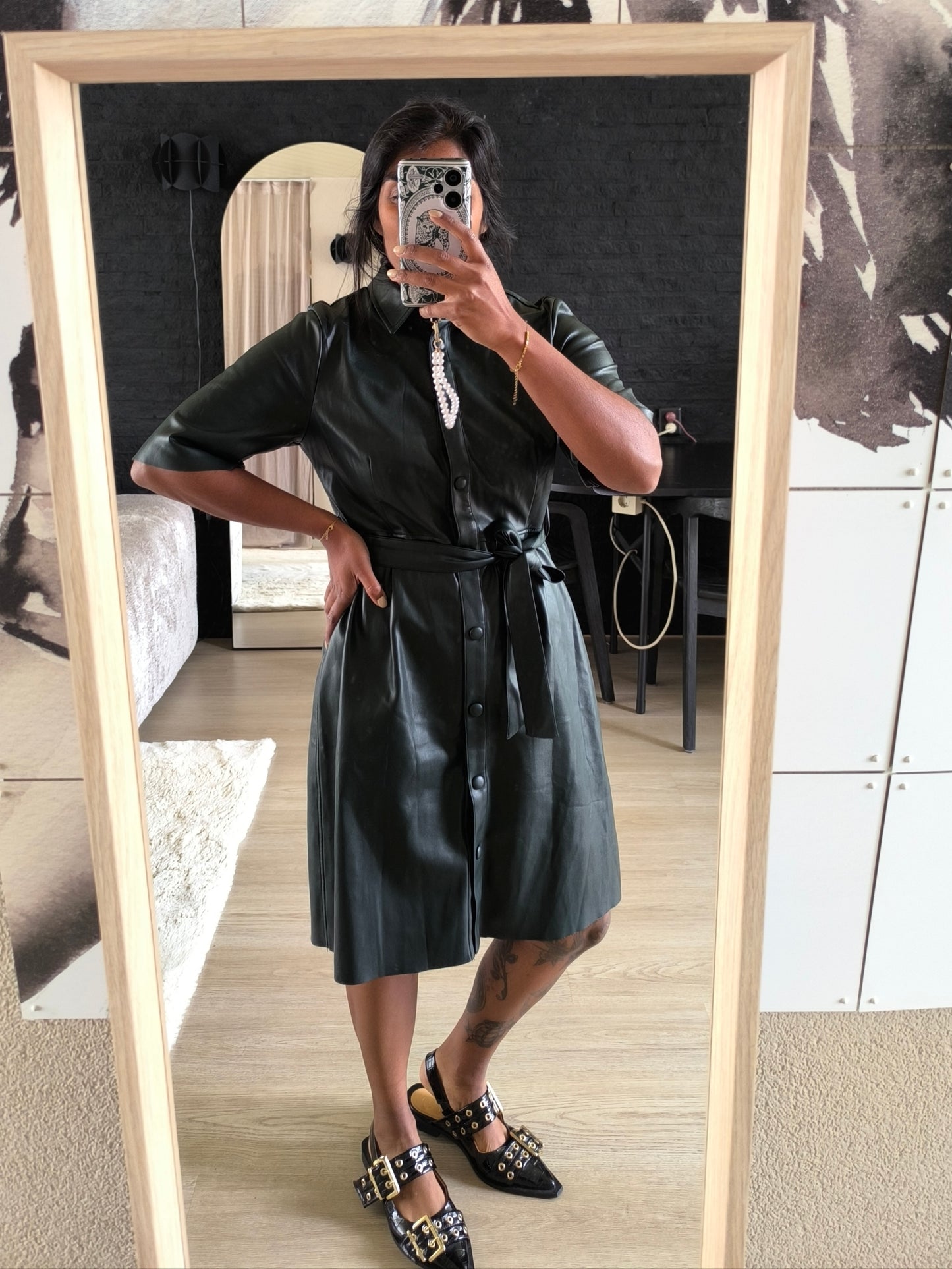 Modström vegan leather fit & flare jurk bottle green