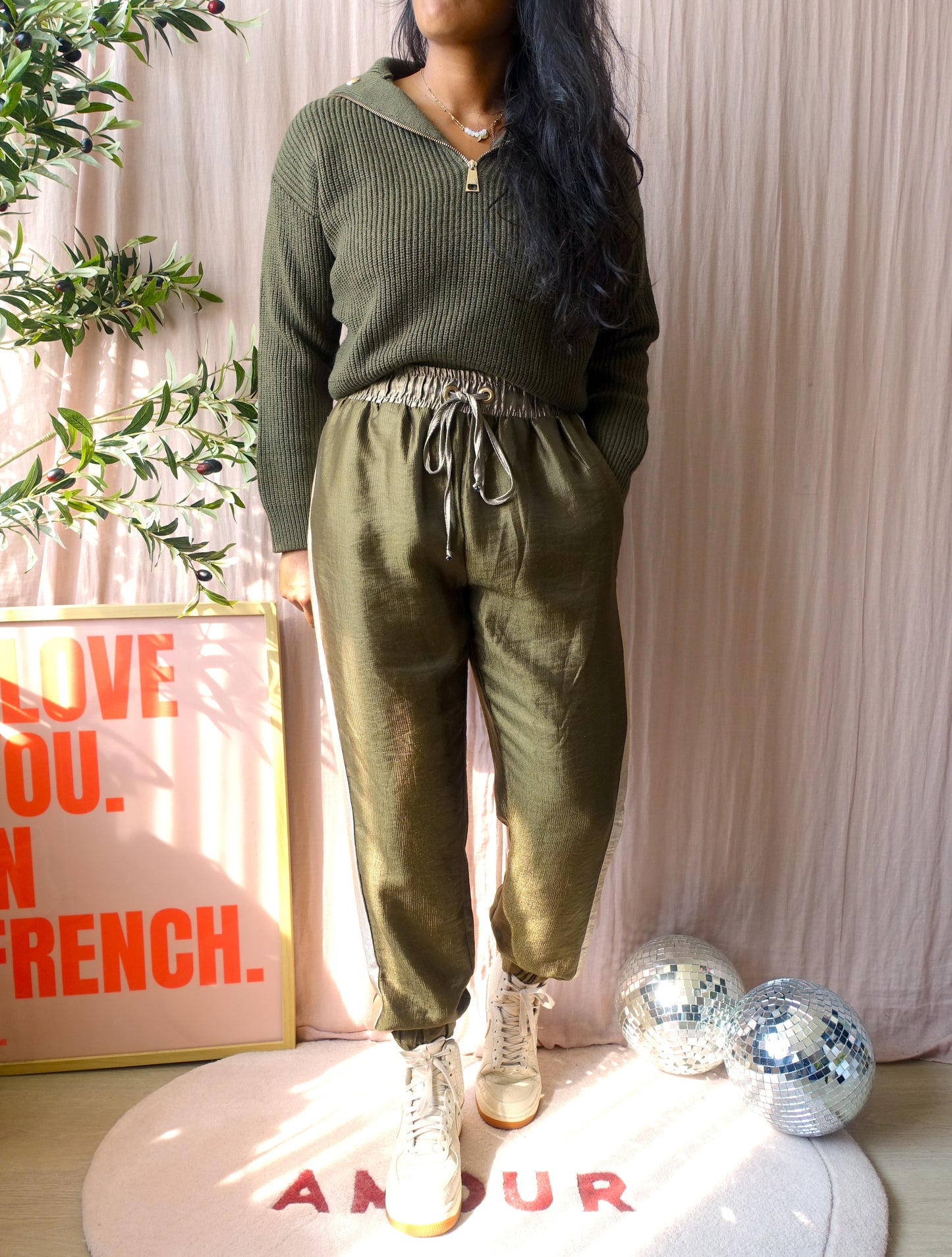 Liu-Jo chunky knit zip sweater donker army