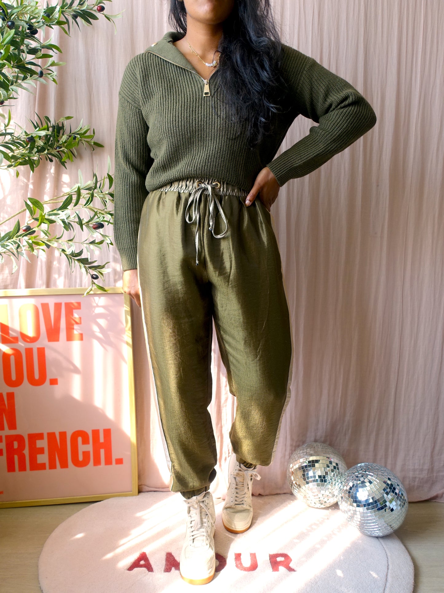 Liu-Jo chunky knit zip sweater donker army