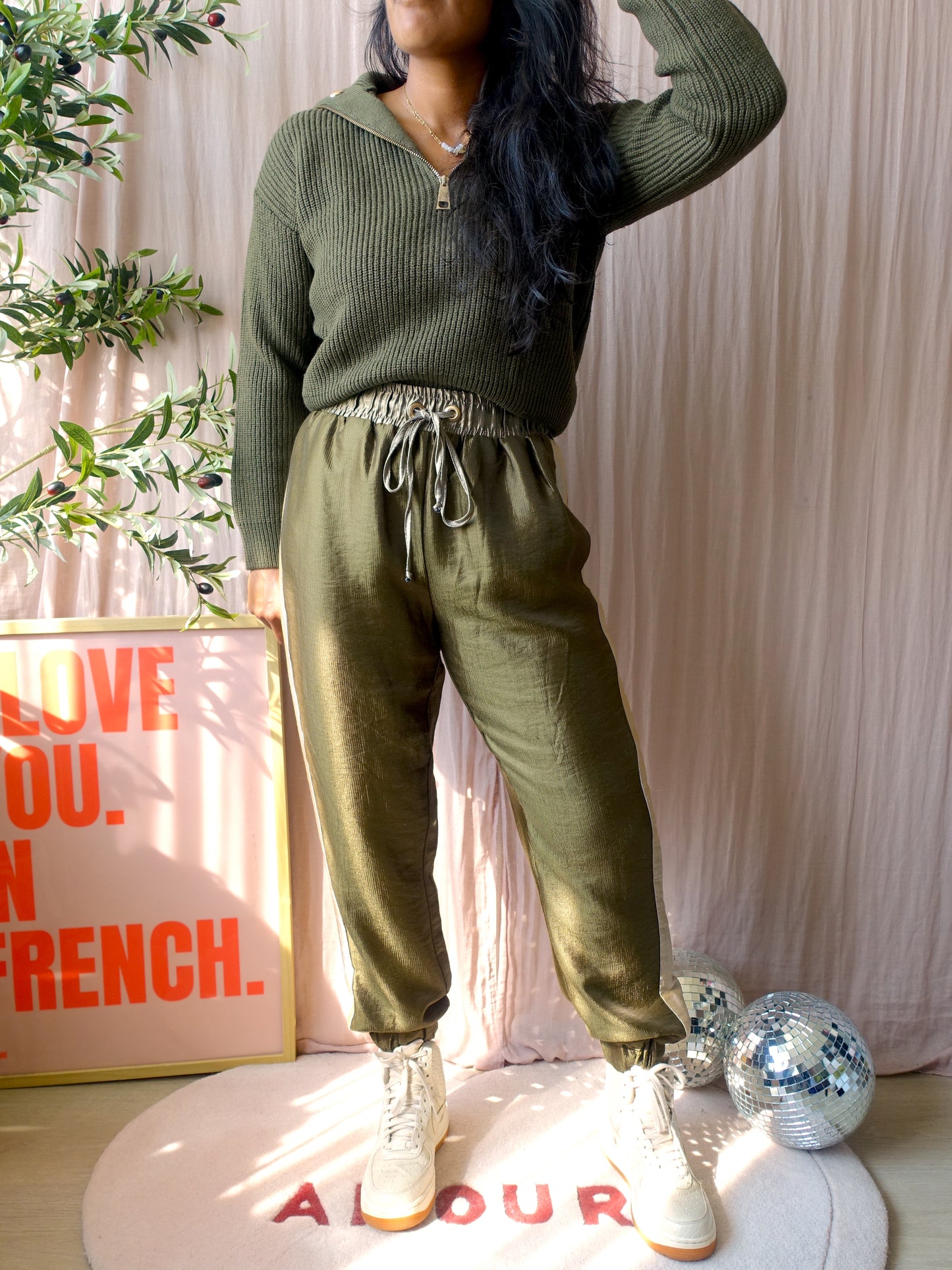 Liu-Jo chunky knit zip sweater donker army