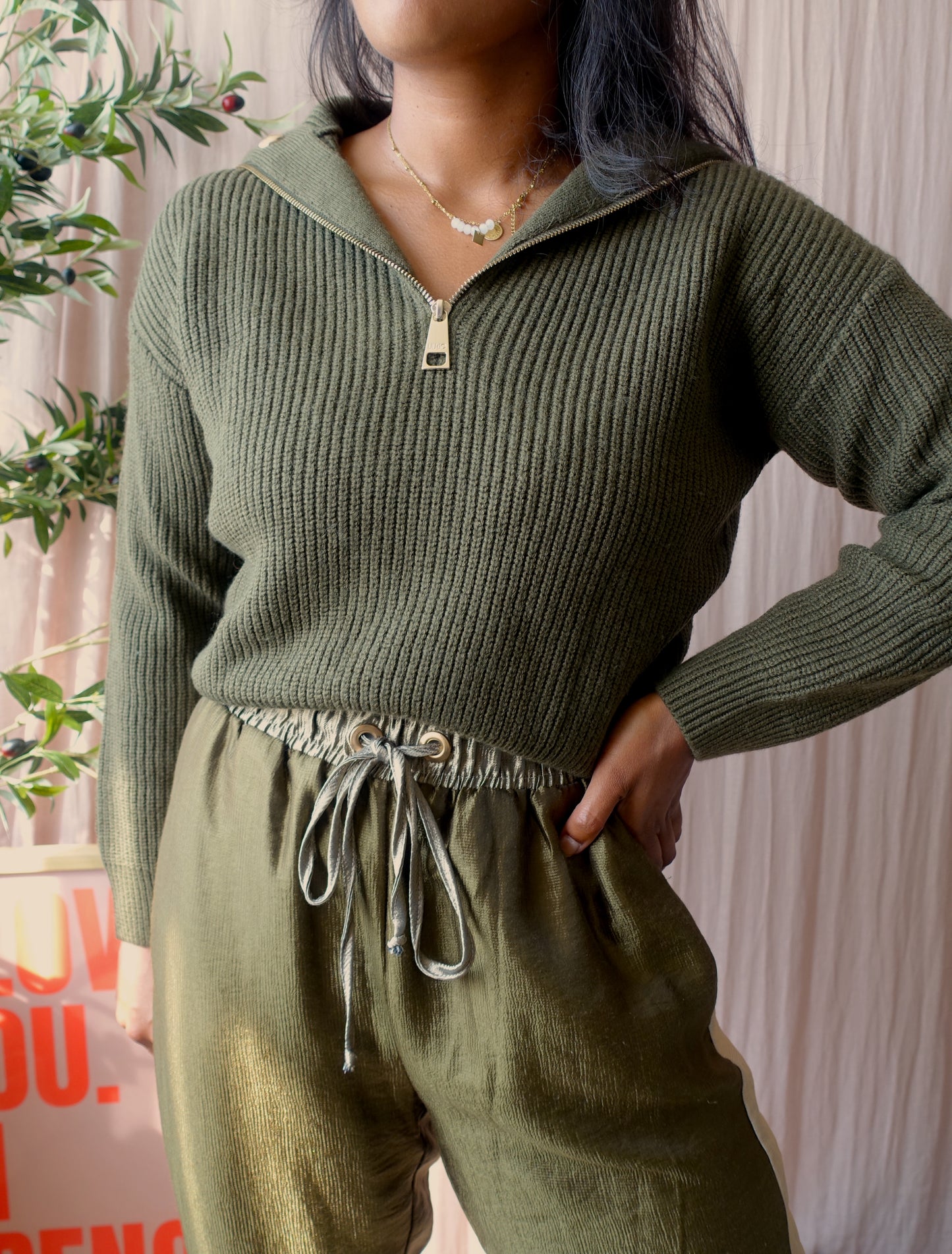 Liu-Jo chunky knit zip sweater donker army