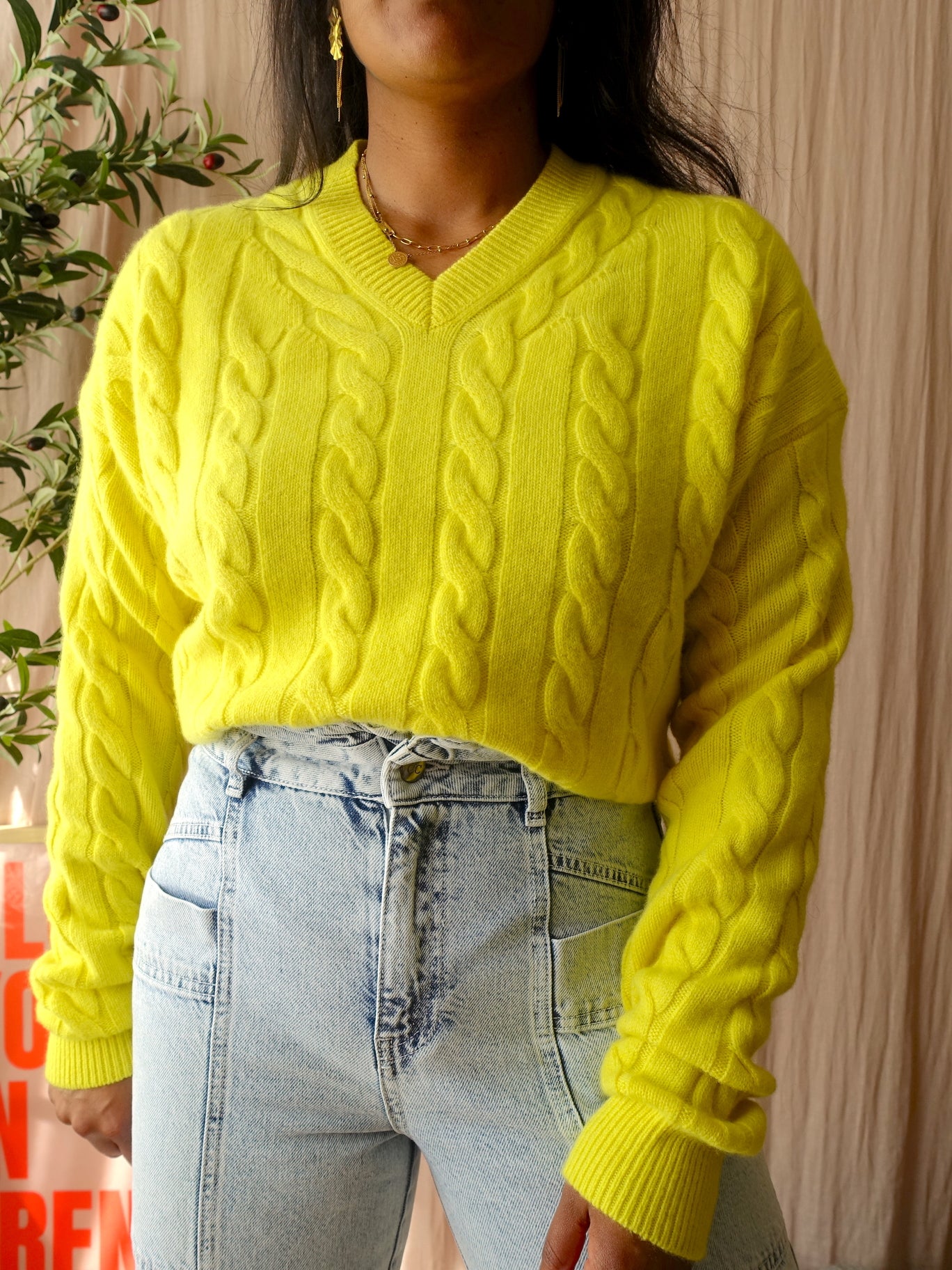 Maje Paris cashmere cable knit pullover bright yellow