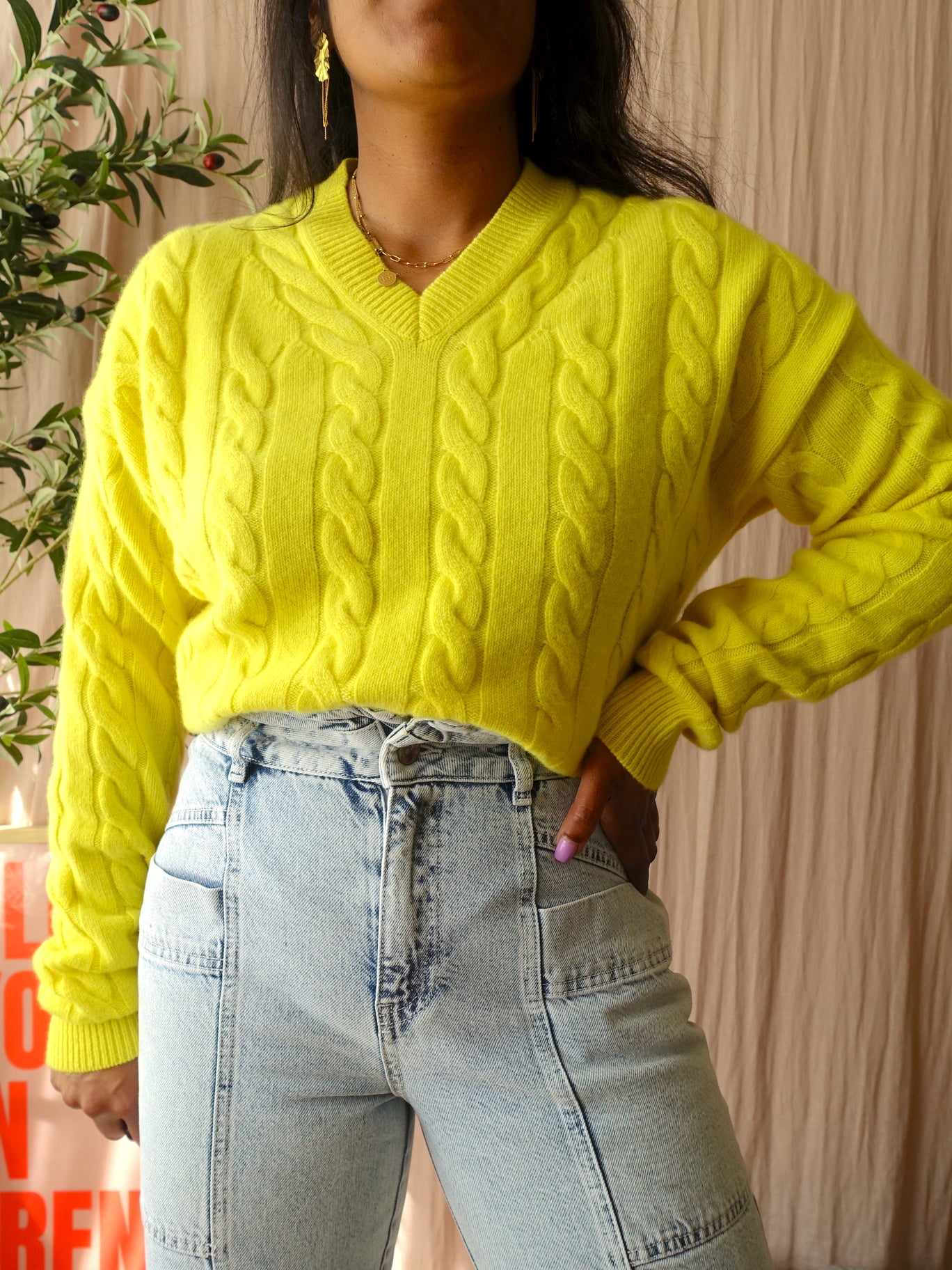 Maje Paris cashmere cable knit pullover bright yellow