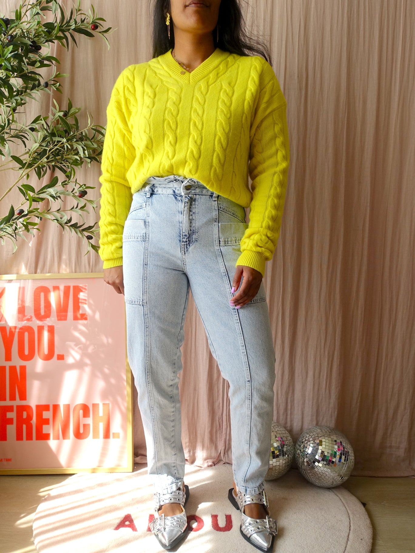 Maje Paris cashmere cable knit pullover bright yellow