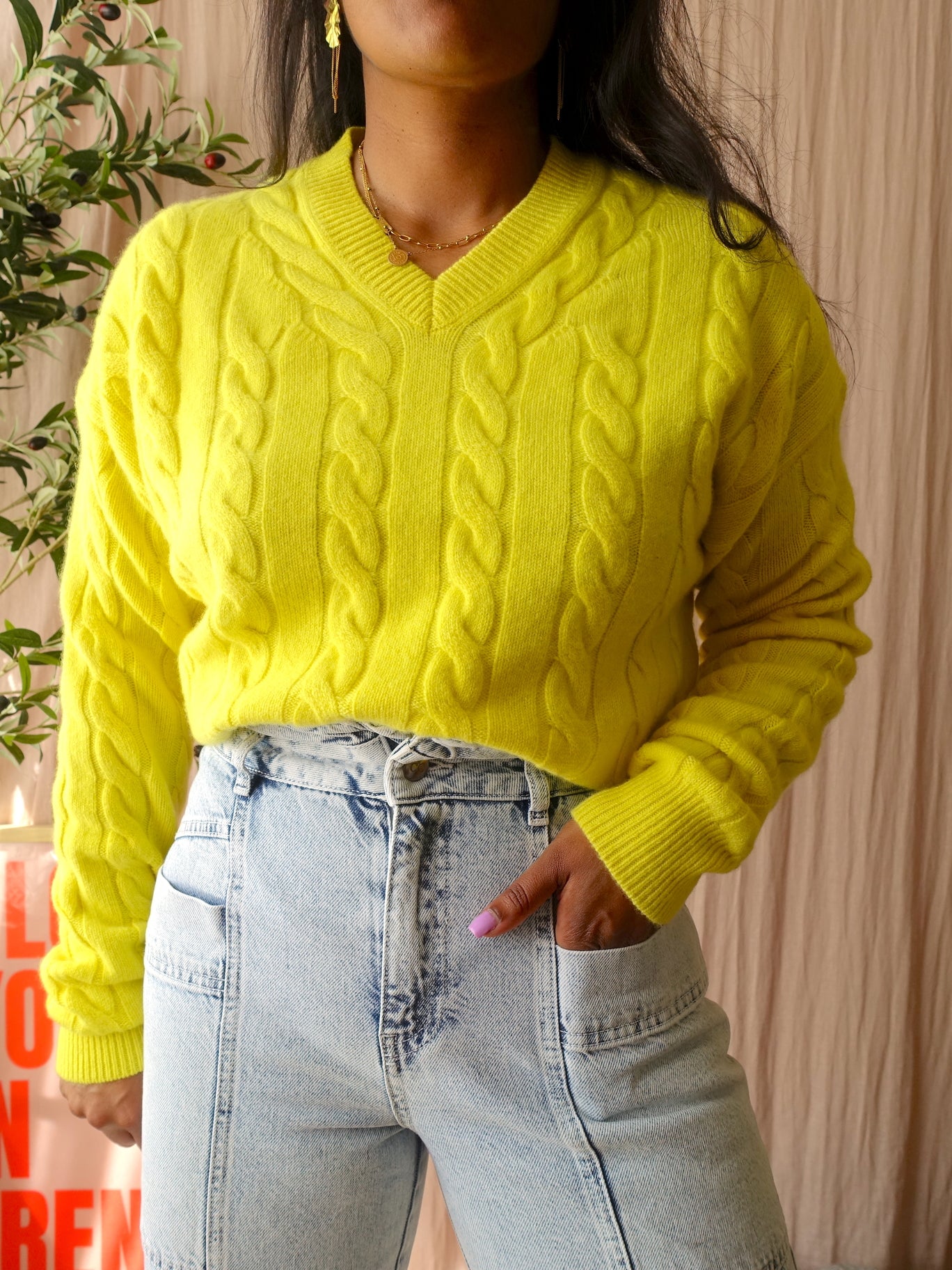 Maje Paris cashmere cable knit pullover bright yellow