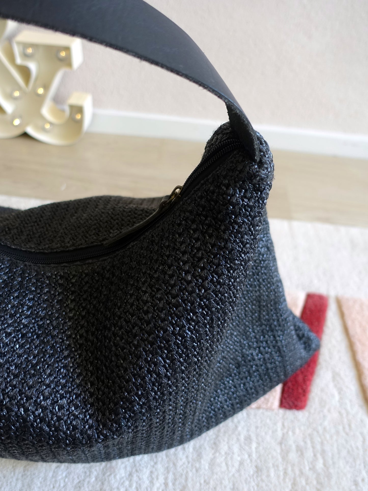 Marc O'Polo raffia tas met lederen details jet black