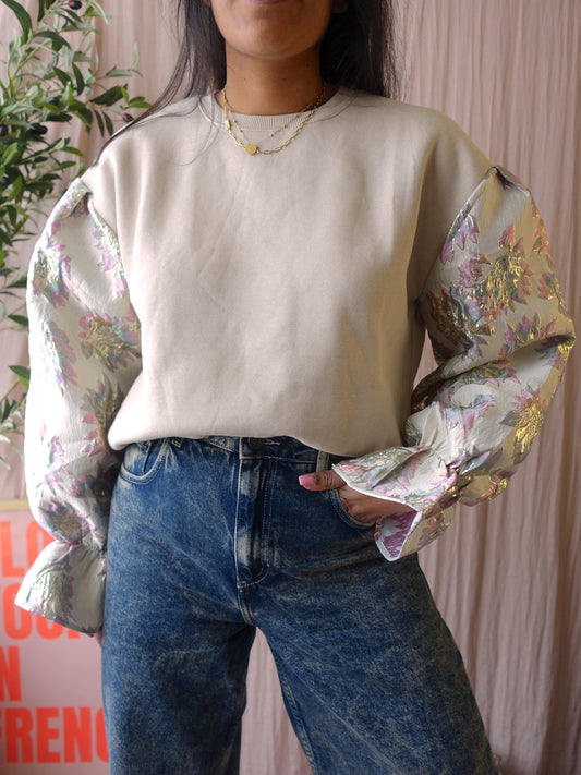 My Jewellery boxy fit jacquard sleeve sweater oat beige