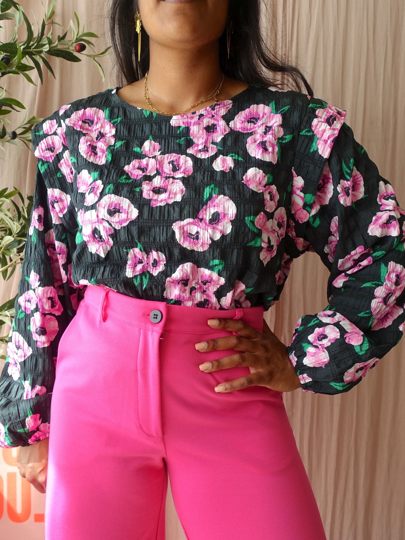 Coco Bella seersucker floral top forrest / pink