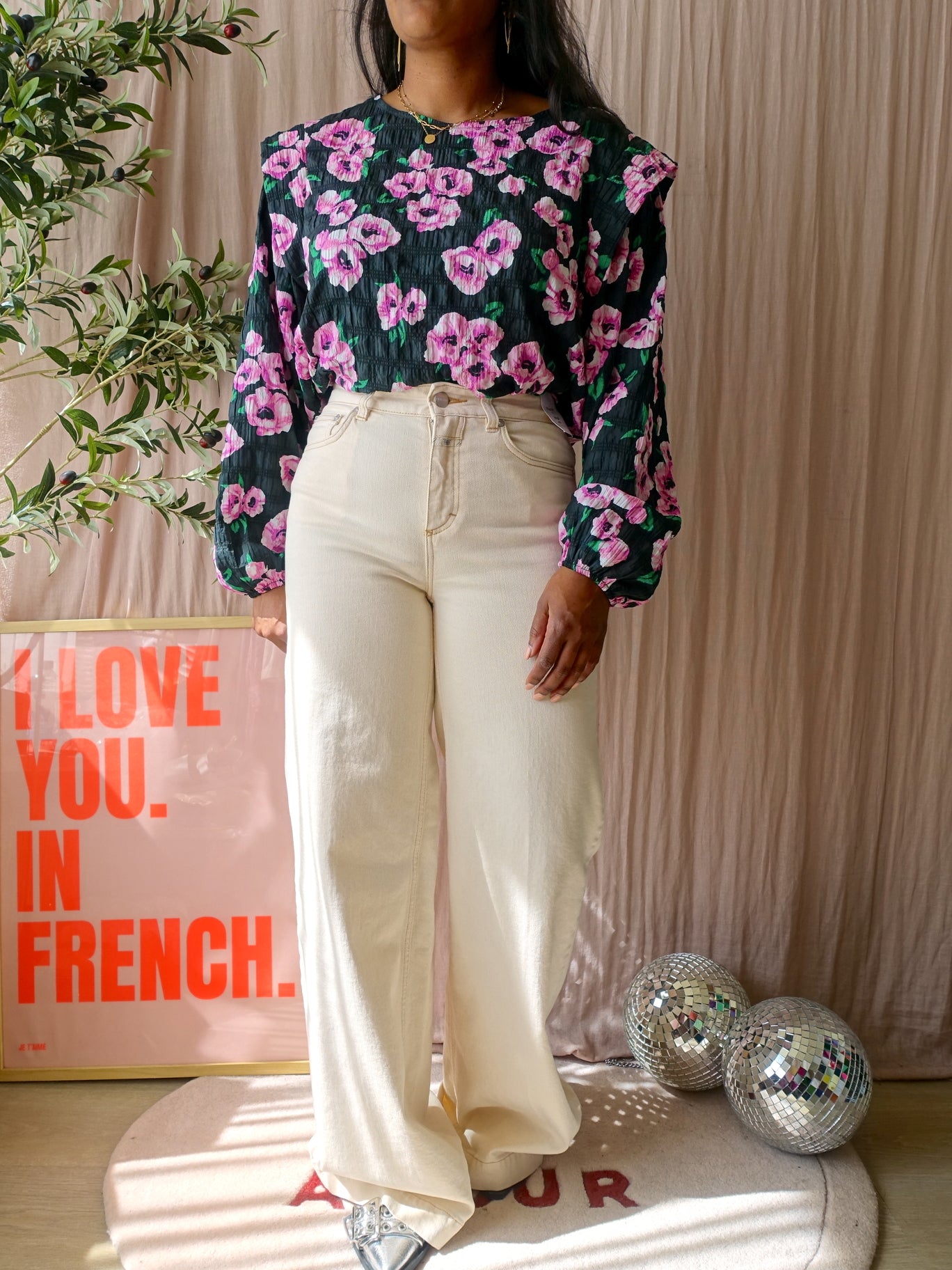 Coco Bella seersucker floral top forrest / pink