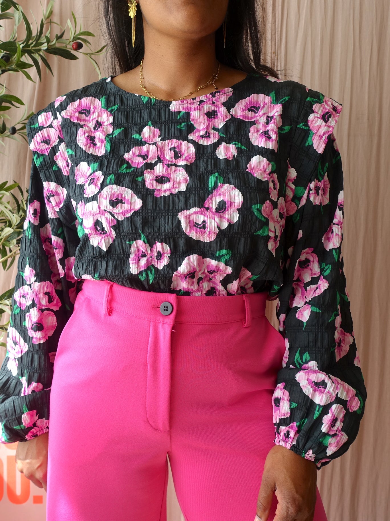 Coco Bella seersucker floral top forrest / pink