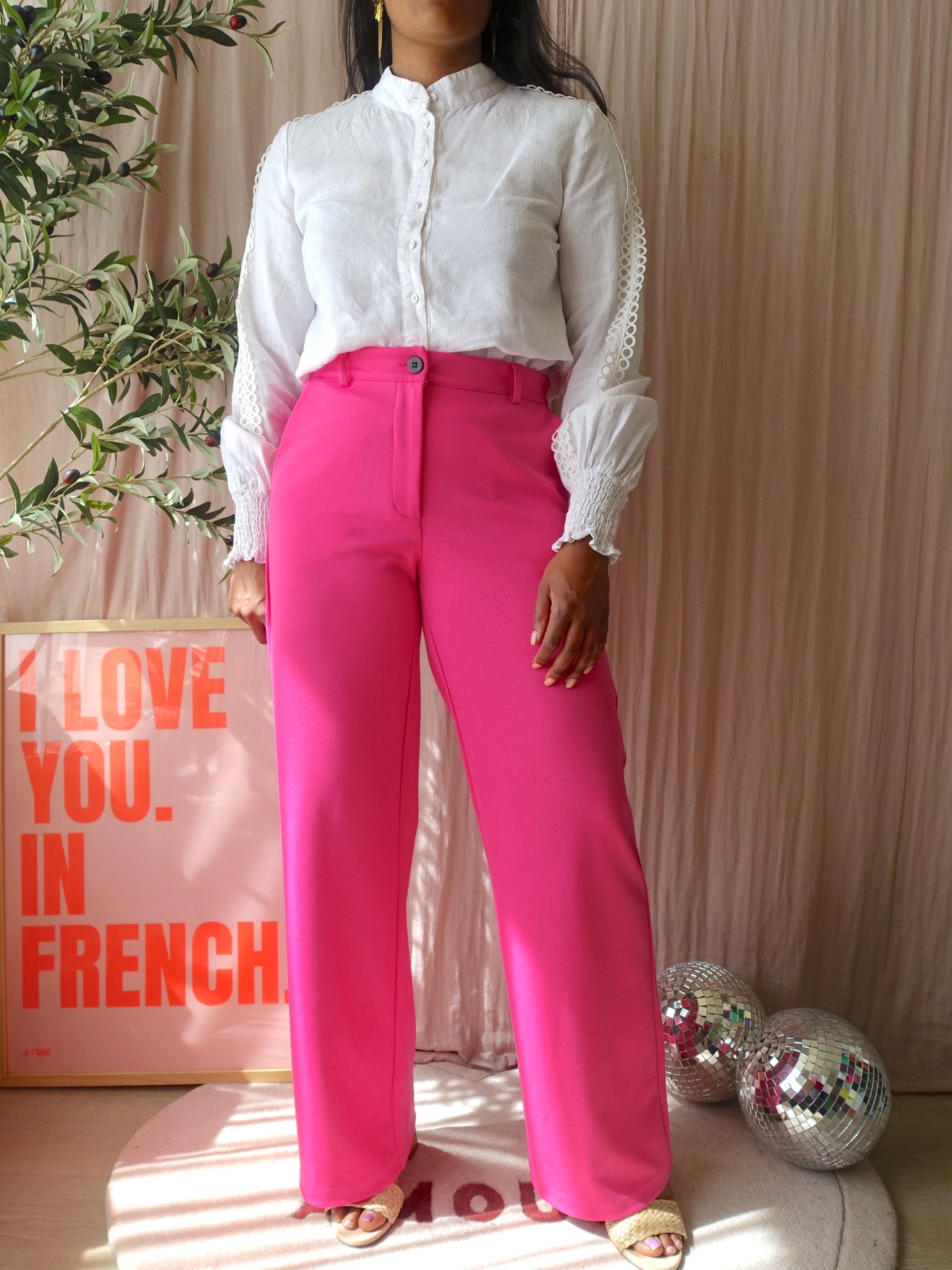 Freequent high waist stretch wide leg hot pink