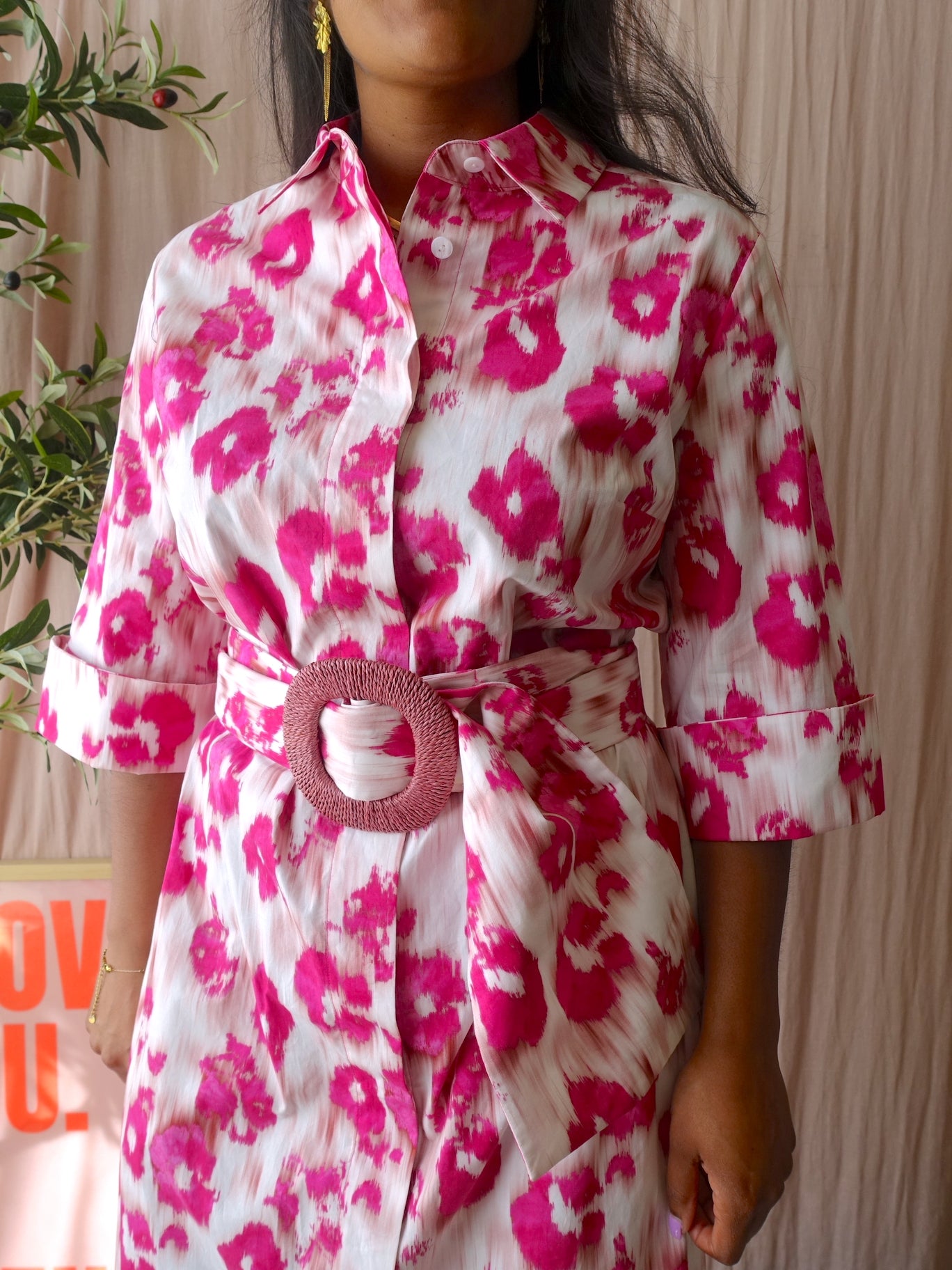 Natan exclusive cotton midi jurk fuchsia / wit