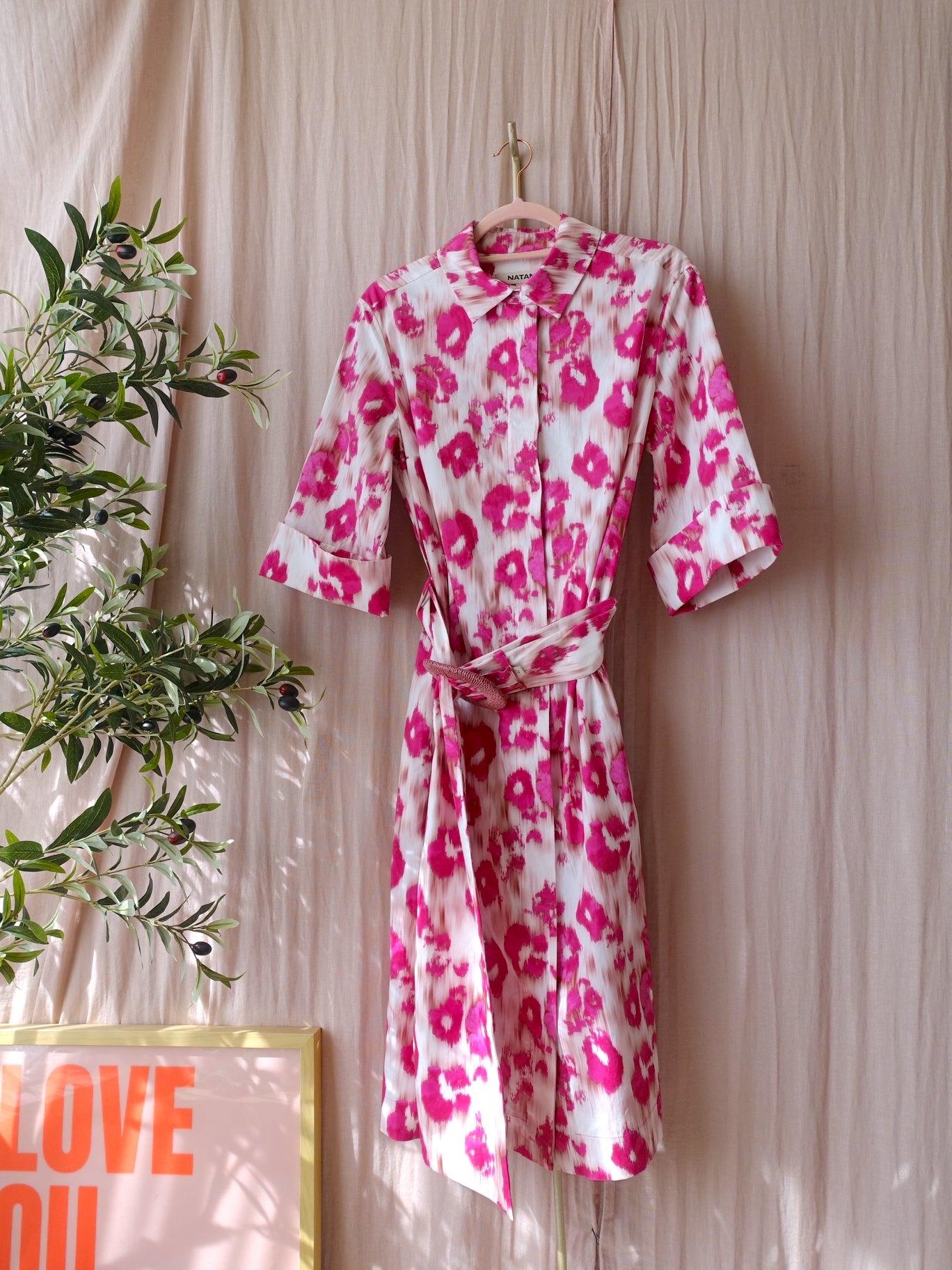 Natan exclusive cotton midi jurk fuchsia / wit