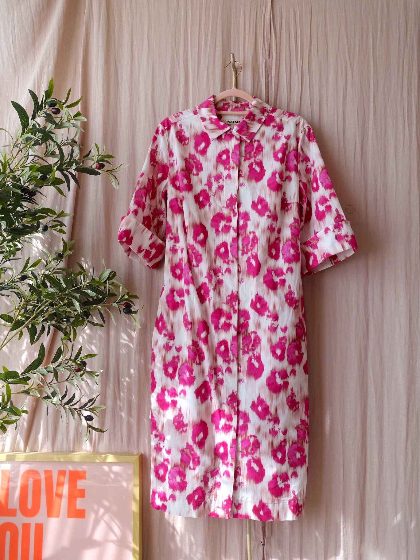 Natan exclusive cotton midi jurk fuchsia / wit