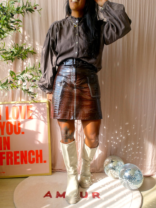 Scotch & Soda patent leather skirt croco effect dark chocolate