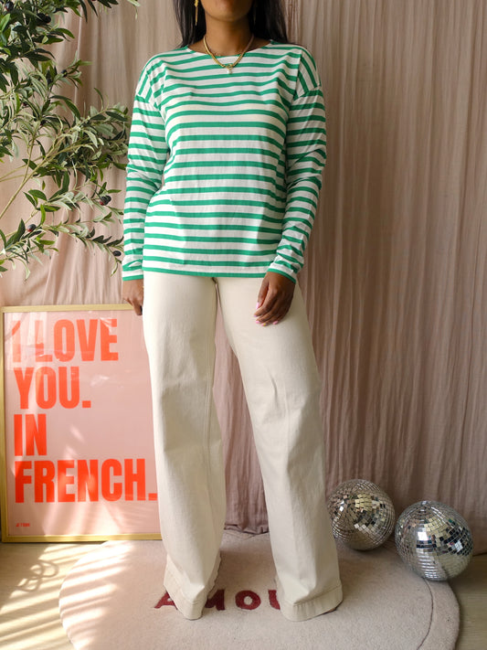 Opus santio striped longsleeve ecru / classic green