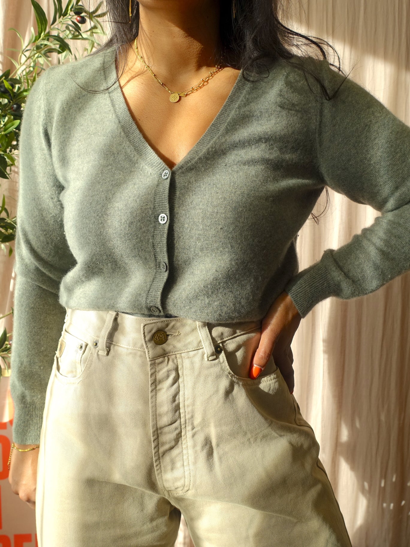 Repeat Cashmere 100% v-neck cardigan jade