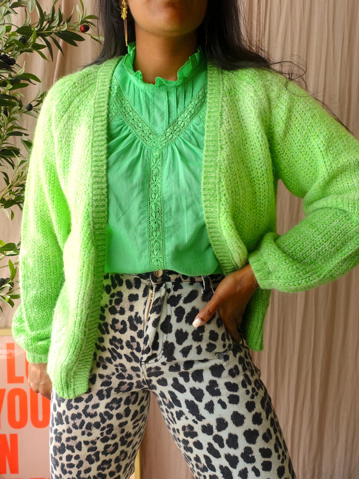 Co'Couture Lola linnenmix frill top green flash